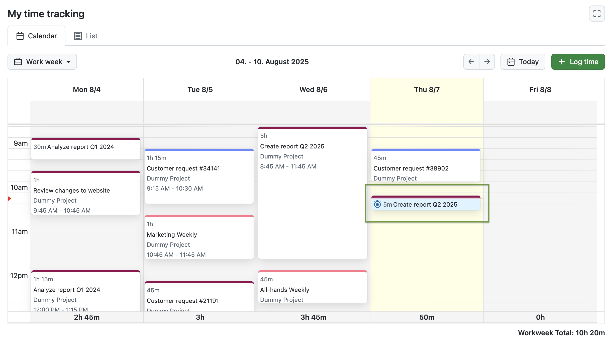 Screenshot showing OpenProject’s My time tracking module with a highlighted time entry on ‘today’ that is running for 5 minutes, displayed with a timer icon