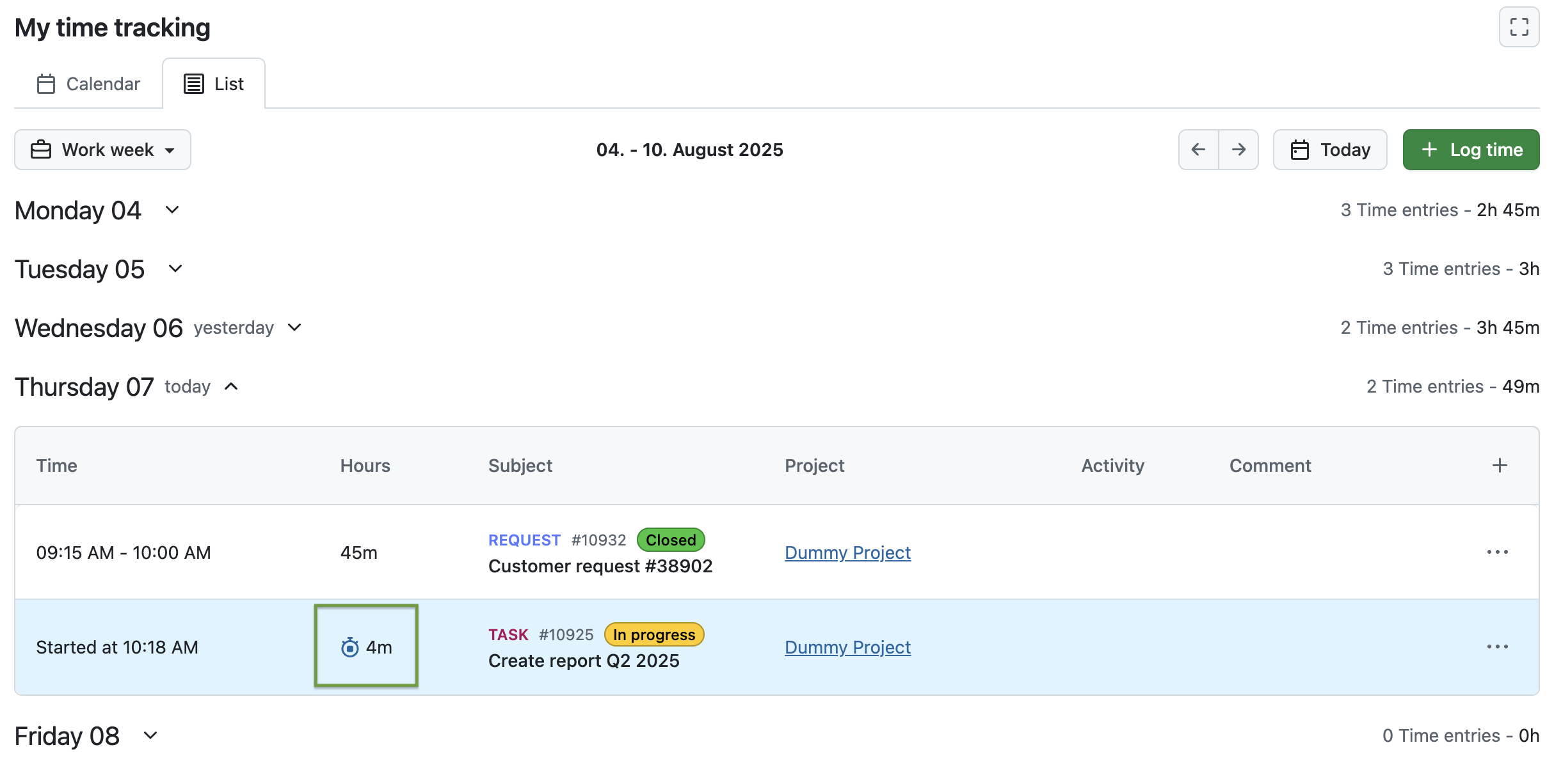 Screenshot, der das Modul ‚Meine Zeiterfassung‘ von OpenProject in der Listenansicht mit einem hervorgehobenen Zeiteintrag für ‚heute‘ zeigt, der 5 Minuten läuft und mit einem Timer-Symbol angezeigt wird