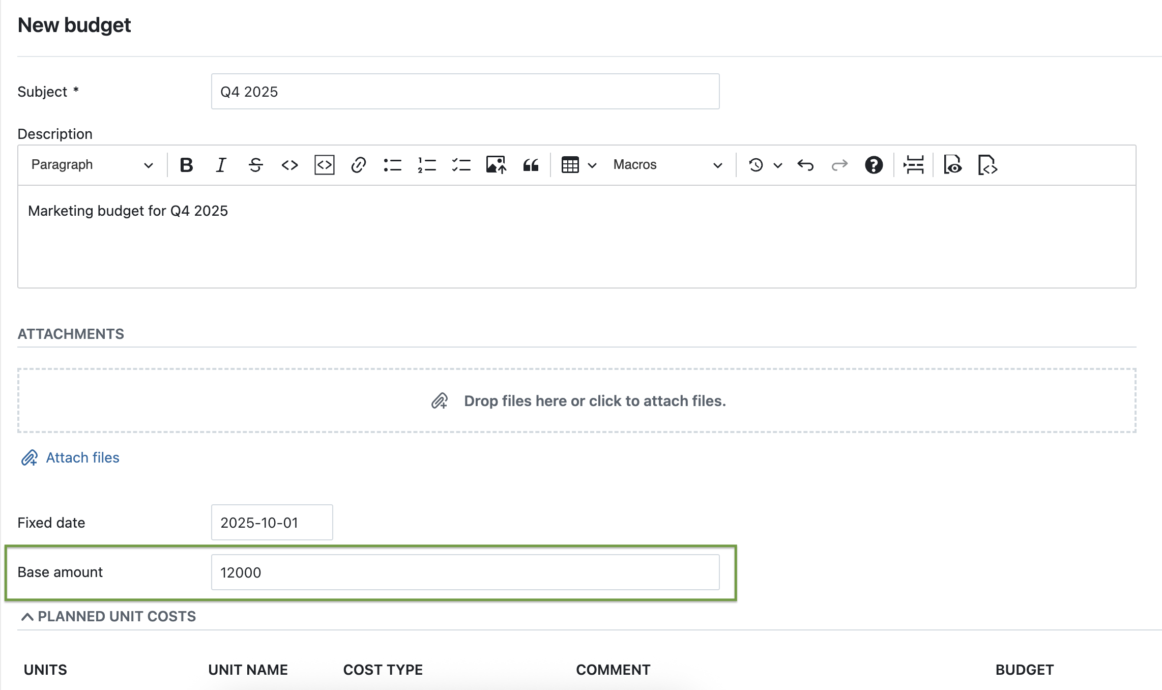 Screenshot von OpenProject 16.4: Neues Budget mit hervorgehobenem Grundbetrag
