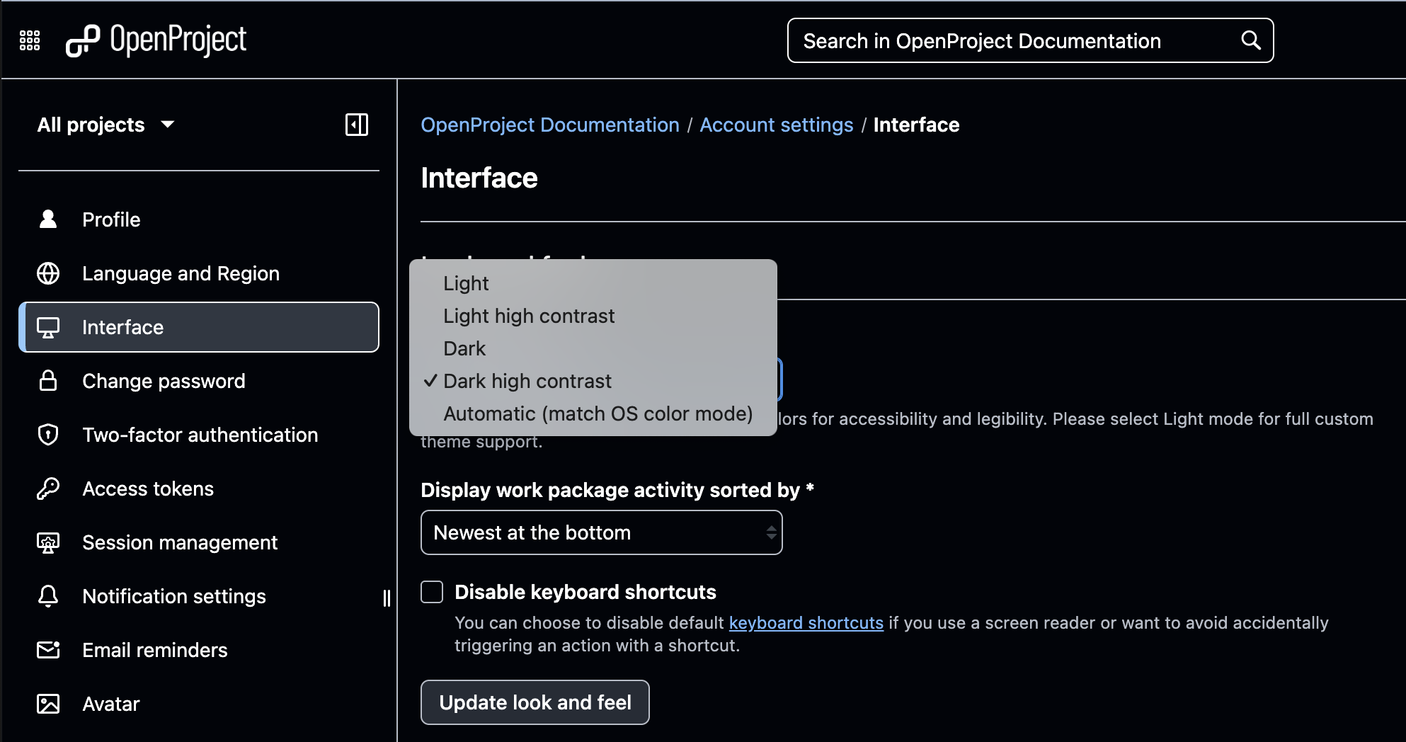 Screenshot of OpenProject 16.4: Account settings to adjust color mode to new options like high contrast and Automatic mode
