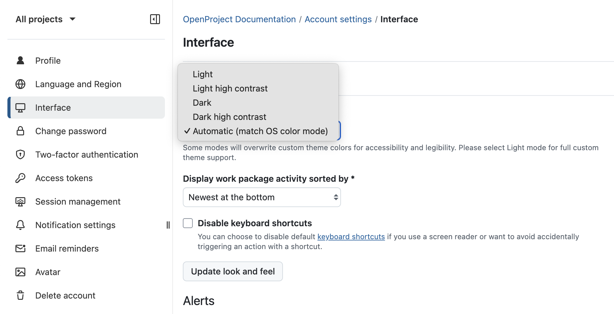 Screenshot of OpenProject 16.4: Account settings to adjust color mode, Automatic mode selected