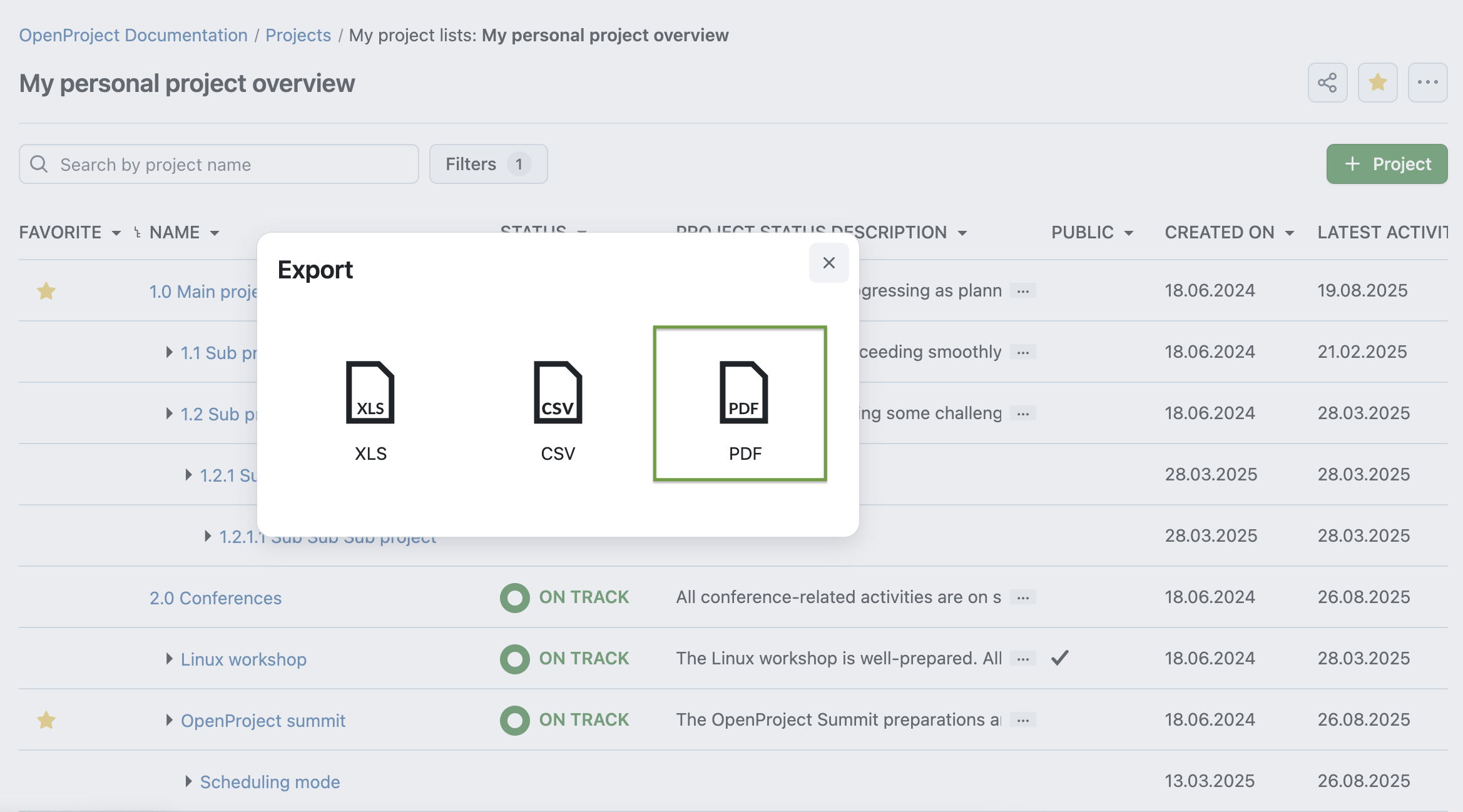 Screenshot of OpenProject 16.4: Export modal for PDF export of project lists, choosing the file format - XLS, CSV and PDF