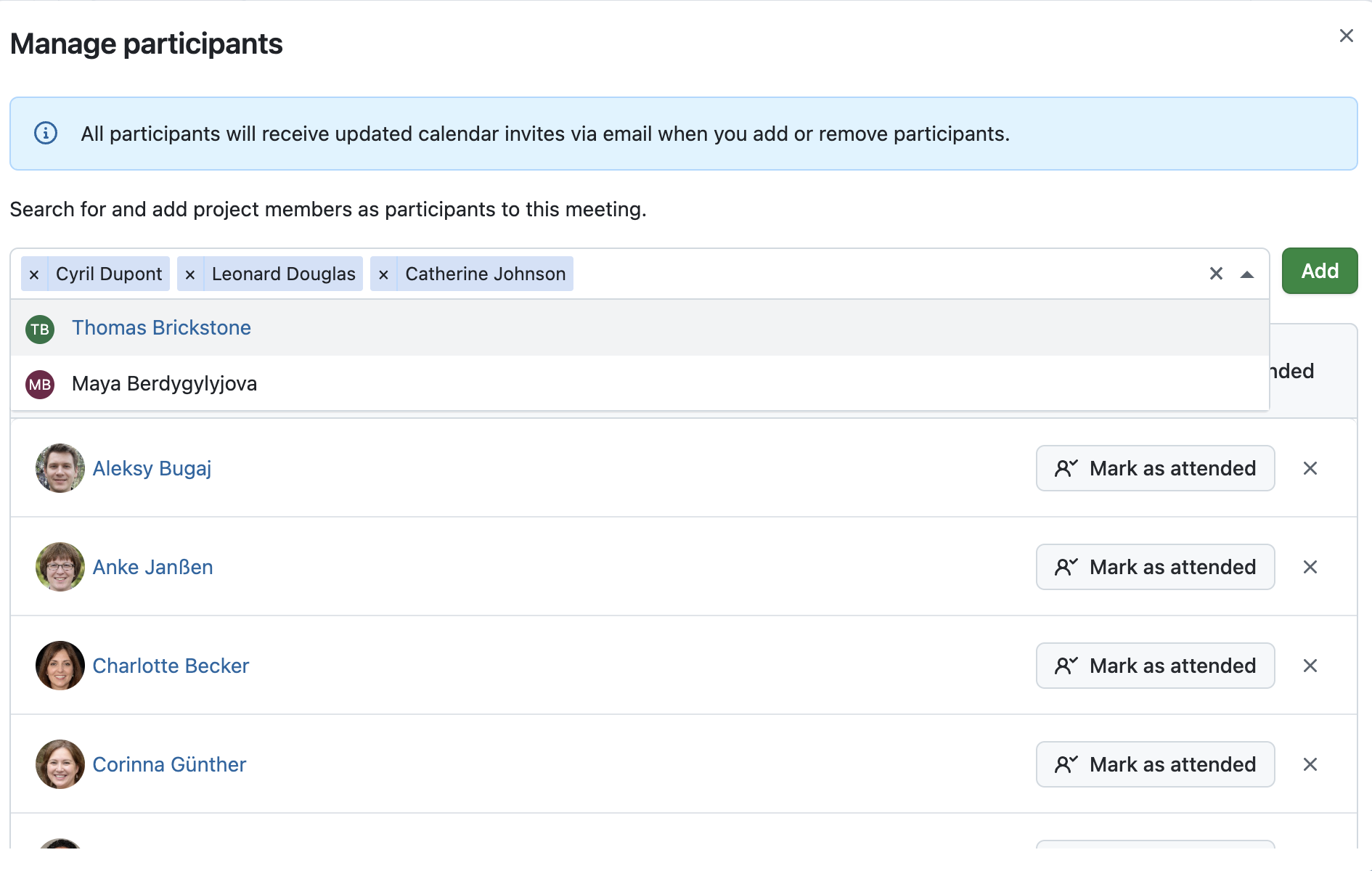Screenshot von OpenProject 16.4: Modalfenster „Besprechungsteilnehmende” mit Autovervollständigung und Schaltfläche „Als anwesend markieren”