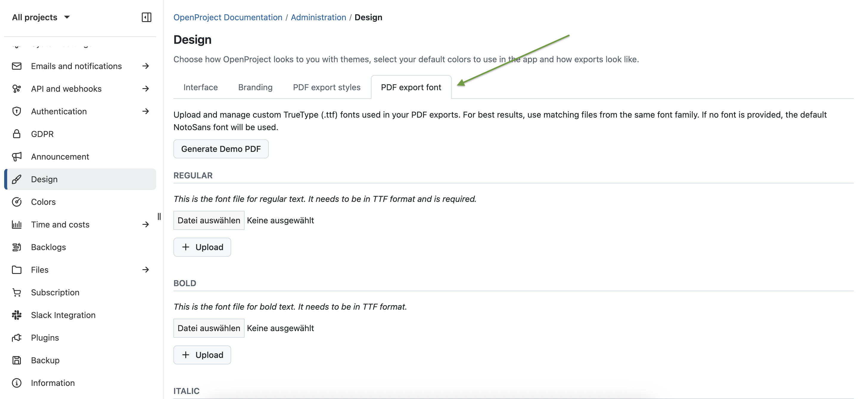 Screenshot of OpenProject 16.4: Administration / Design / PDF export font - options to upload fonts for regular, bold and italic and generate Demo PDF
