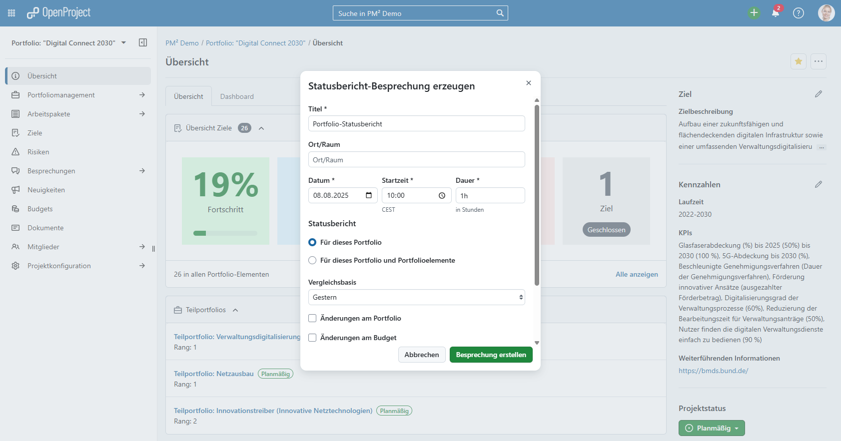 Screenshot: Portfolio-Dashboard mit Modal zum Erzeugen einer Statusbericht-Besprechung. Inklusive Vergleichsbasis zu einem gewählten Zeitrahmen, z. B. letzter Monat und aktivierbaren Inhalten wie Änderungen am Portfolio, Budget oder Meilensteinen.
