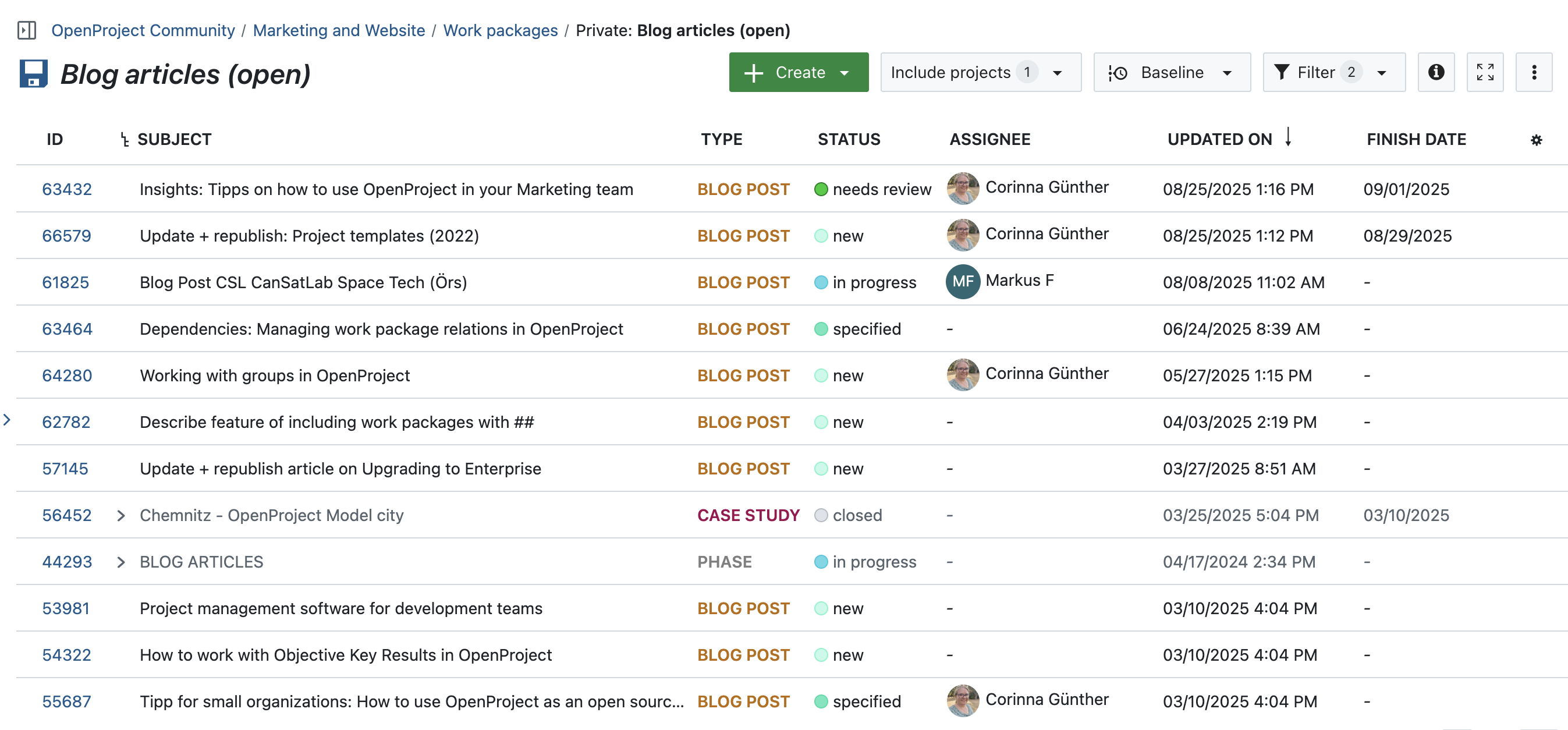 Screenshot showing open work packages of type blog post in a table view