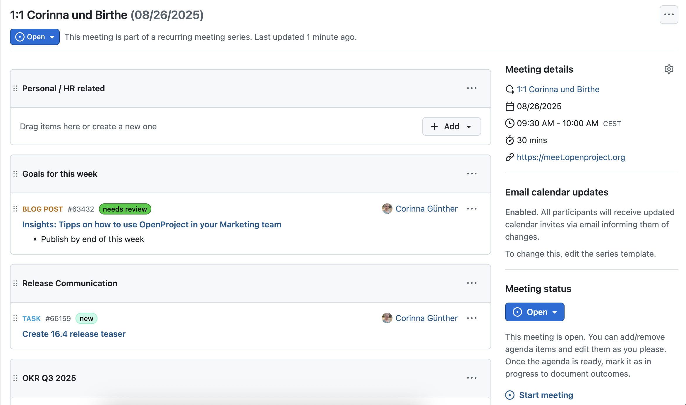 Screenshot of a 1:1 meeting created in OpenProject, with sections like “Goals for this week” and the status ‘Open’