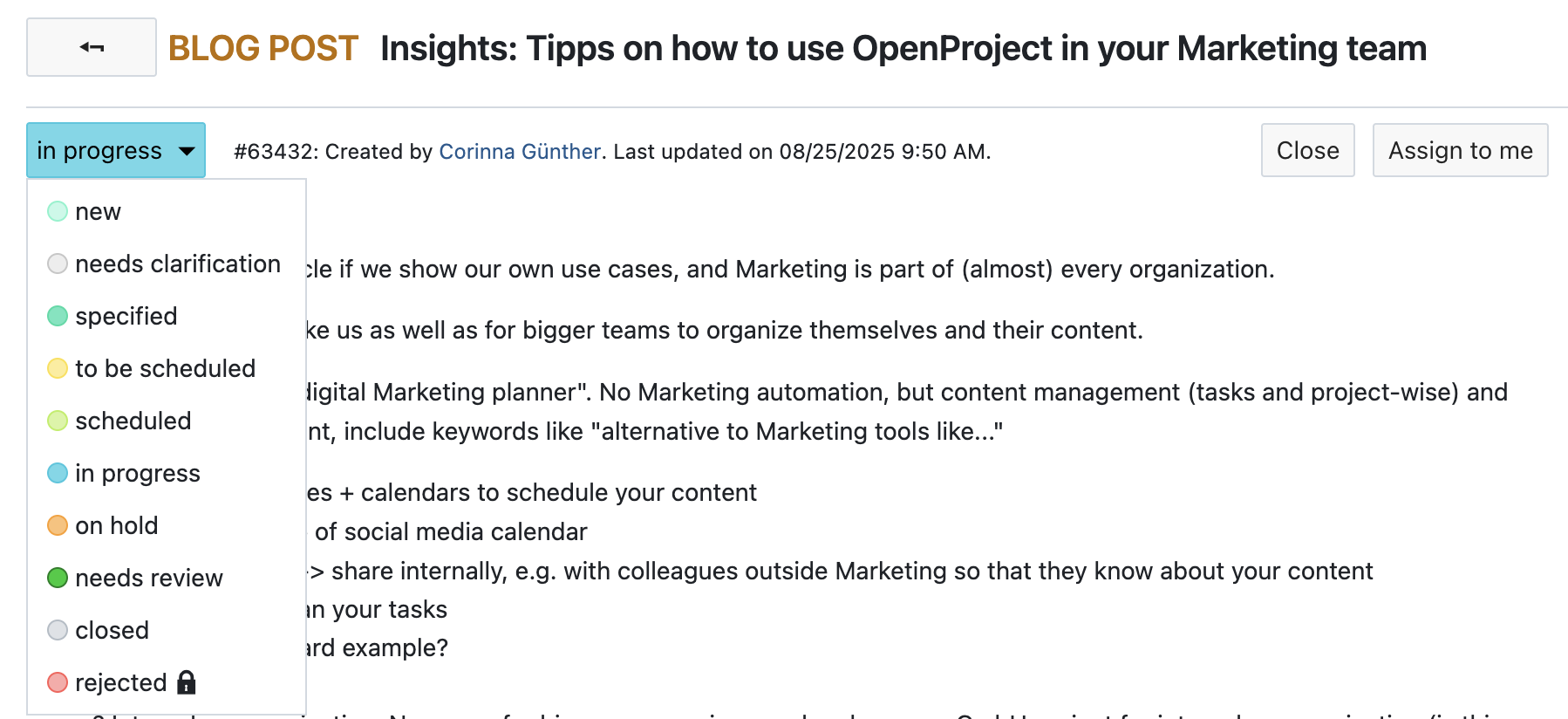 Screenshot of a blog article work package with status dropdown