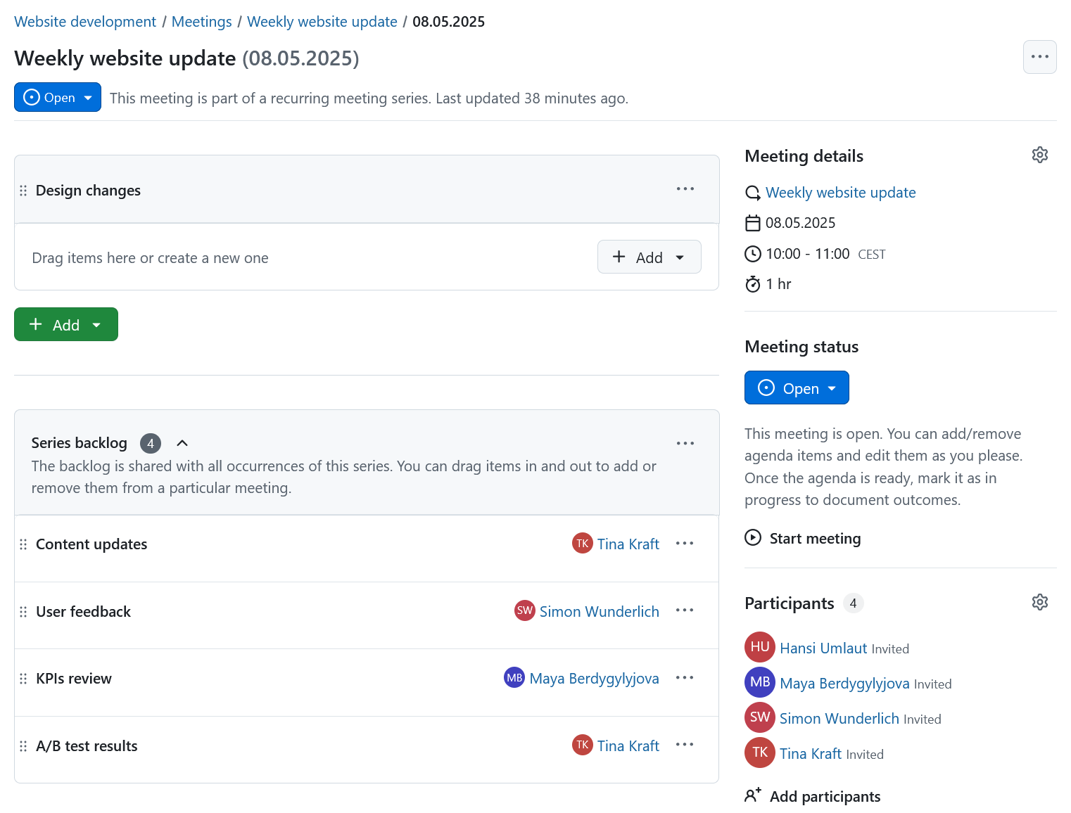 OpenProject interface displaying a recurring meeting’s agenda and backlog items