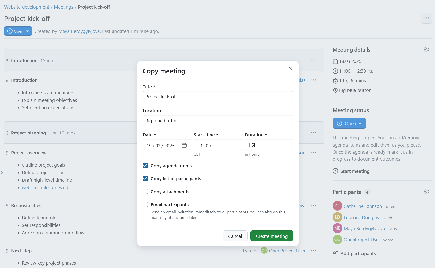 Interface for duplicating a meeting with editable details in OpenProject