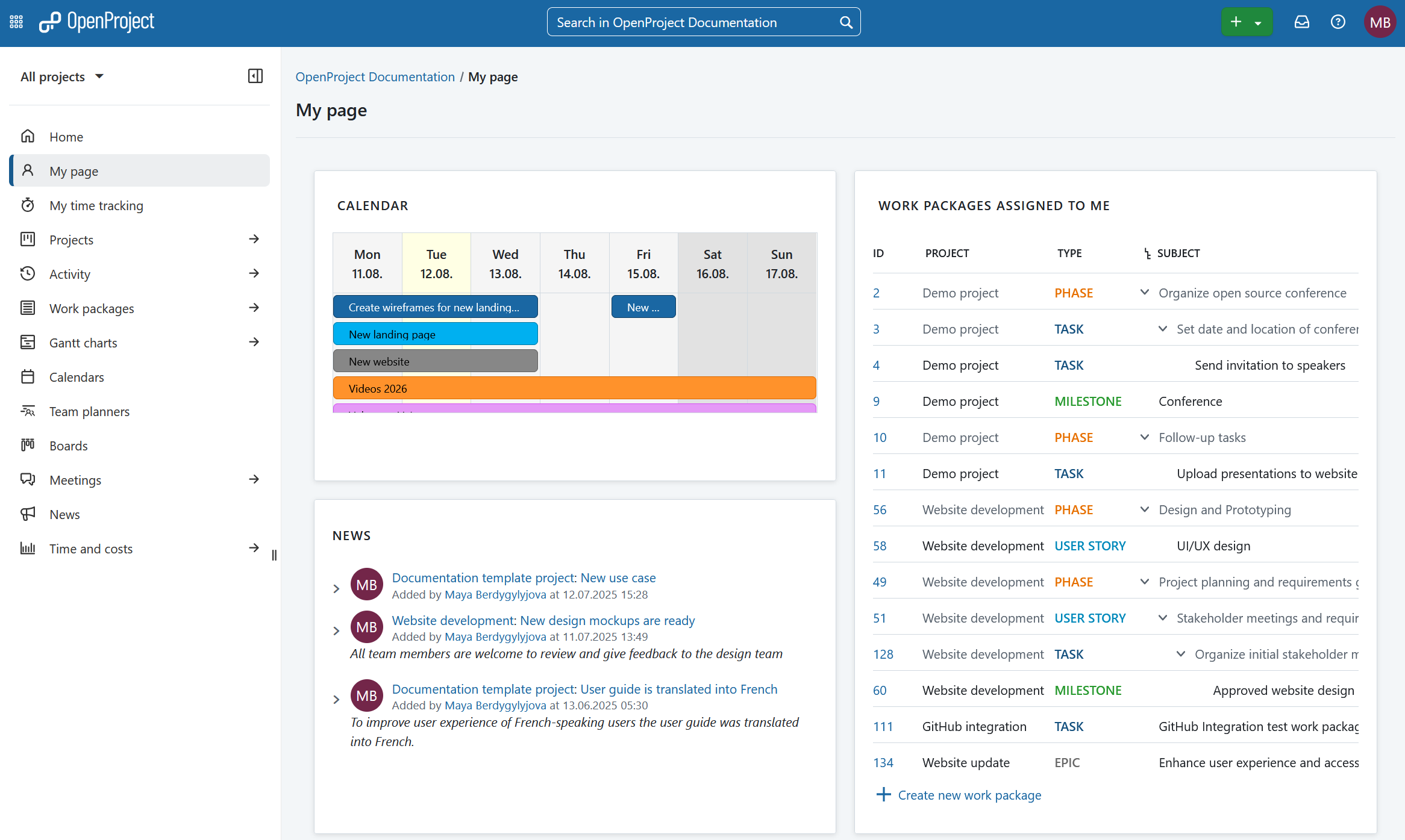 My page module in OpenProject, showing calendar, news and work packages widgets