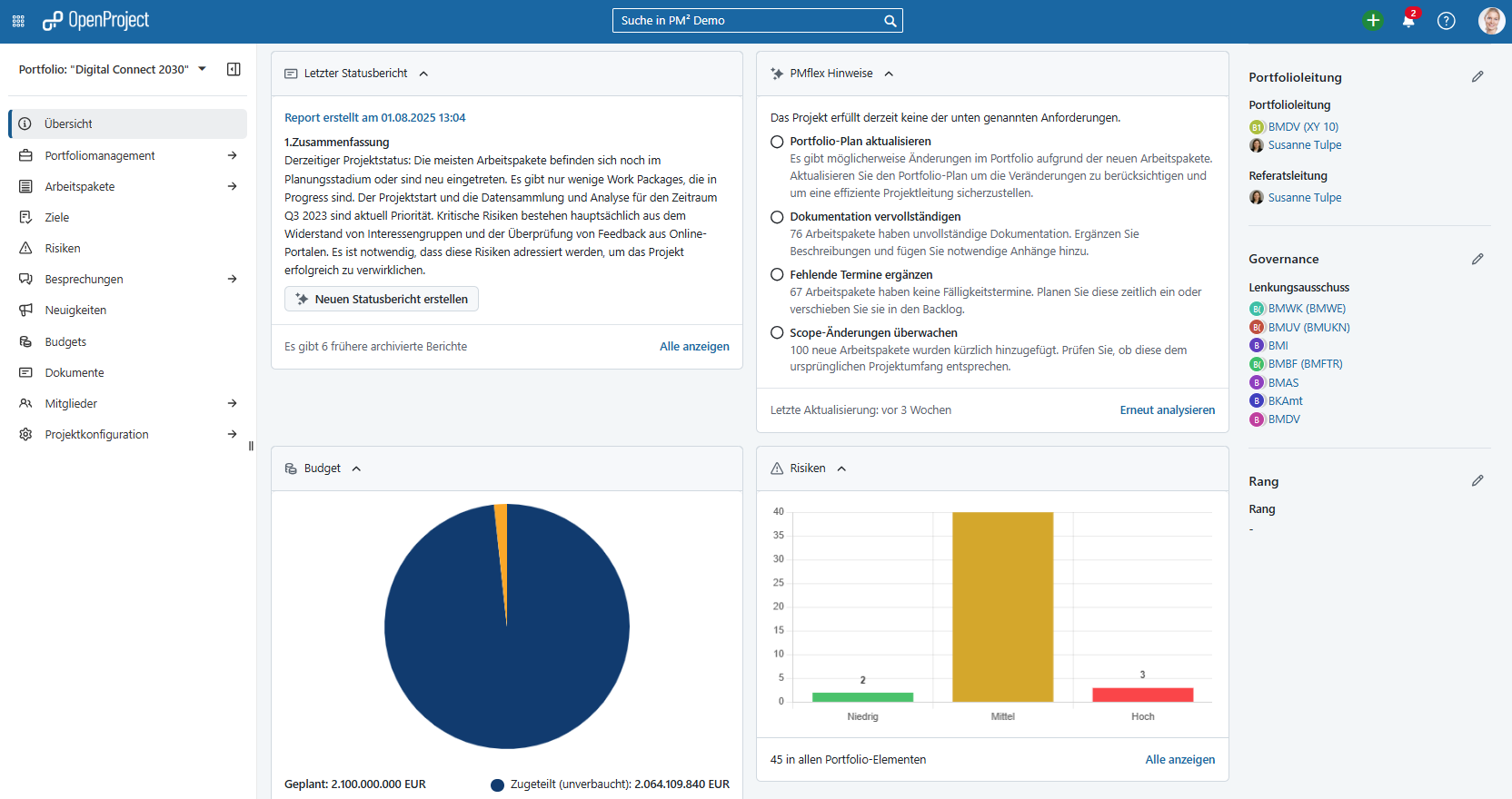 Screenshot: Übersichtsseite des Portfolios mit neuen Modulen: “Letzter Statusbericht” und “PMflex Hinweise”, z. B. “Portfolio-Plan aktualisieren” oder “Dokumentation vervollständigen”.