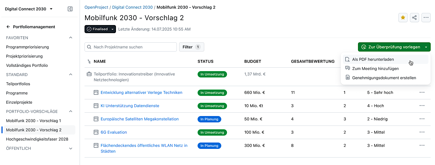 Screenshot: Modul “Portfoliomanagement” mit speicher- und filterbarer Liste eines Vorschlags, mit Attributen wie Status, Budget und Gesamtbewertung. Dropdown beim Button “Zur Überprüfung vorlegen” zeigt Option zum PDF herunterladen, Meeting hinzufügen oder Genehmigungsdokument erstellen.