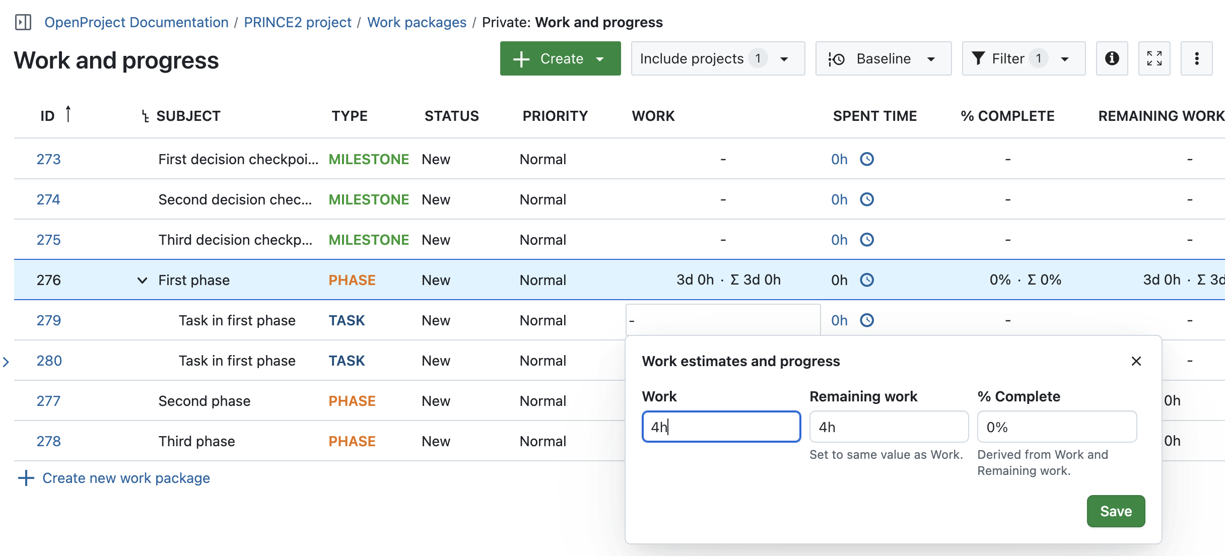 Follow the PRINCE2 process with OpenProject: Controll a stage by estimating work