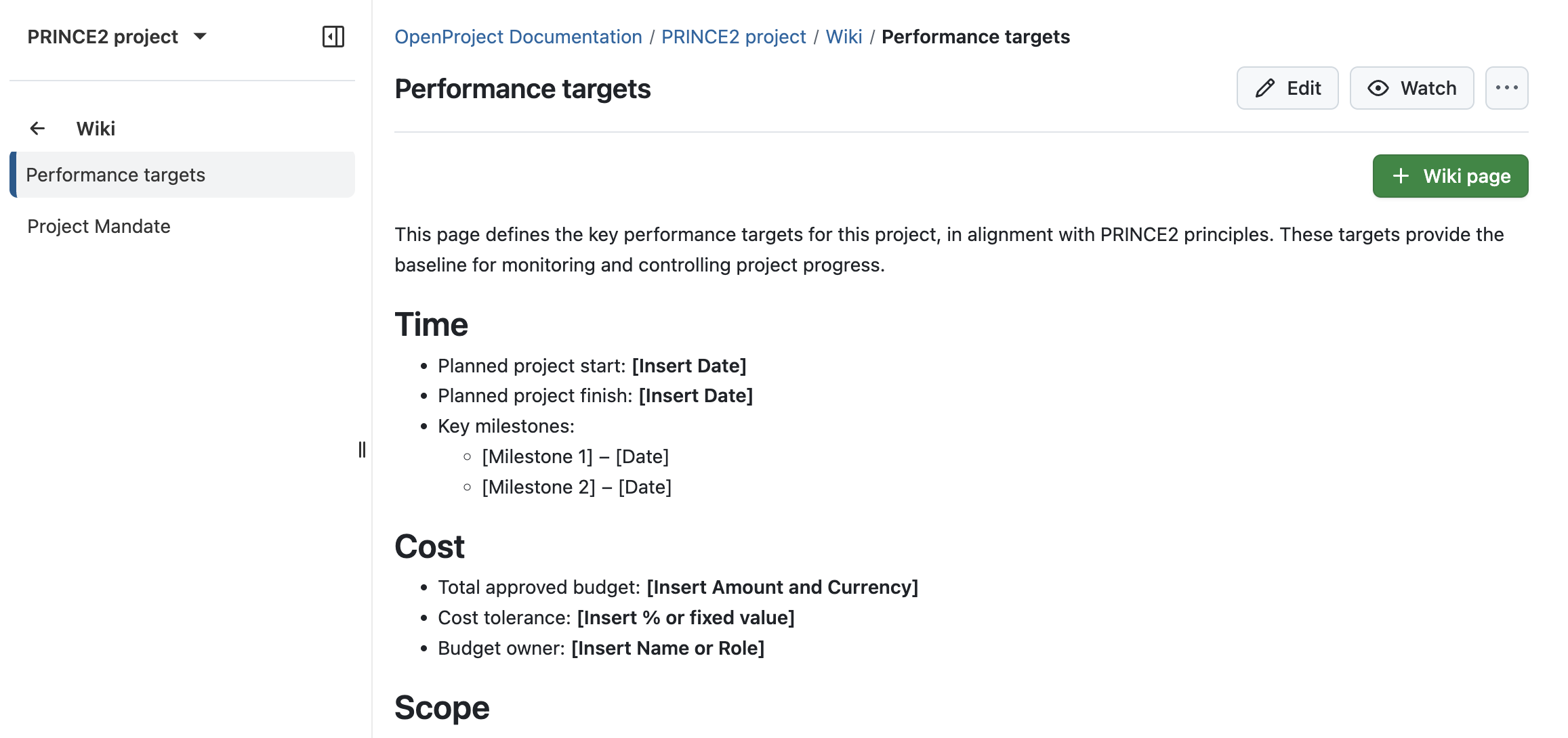 Follow the PRINCE2 process with OpenProject: Initiate a project by defining performance targets