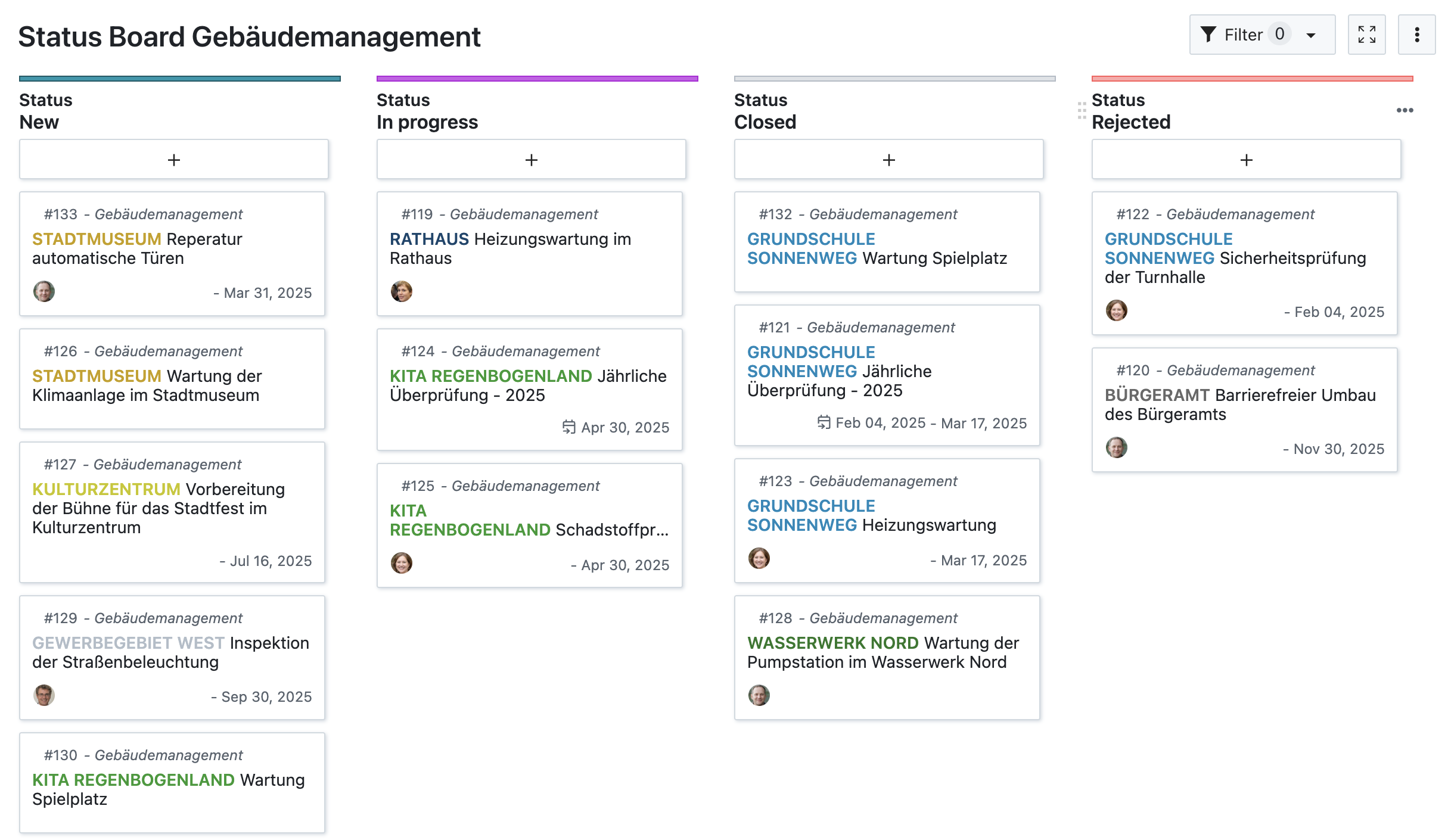 Screenshot eines agilen Statusboards in OpenProject mit Arbeitspaketen vom Typ „Stadtmuseum“ oder „Kita Regenbogenland“, sortiert nach Status