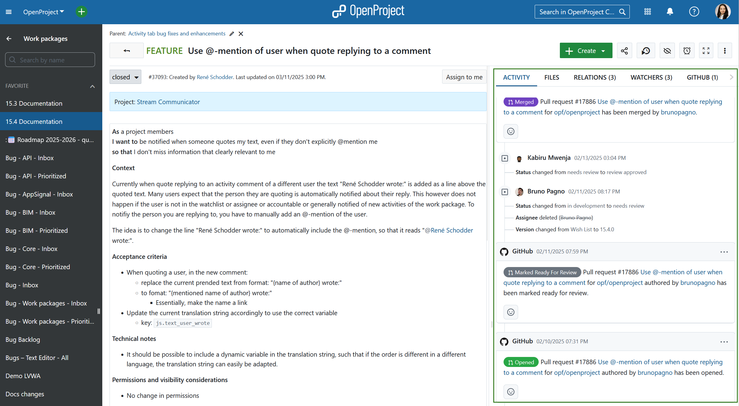 Github comments on Activity tab of an OpenProject work package