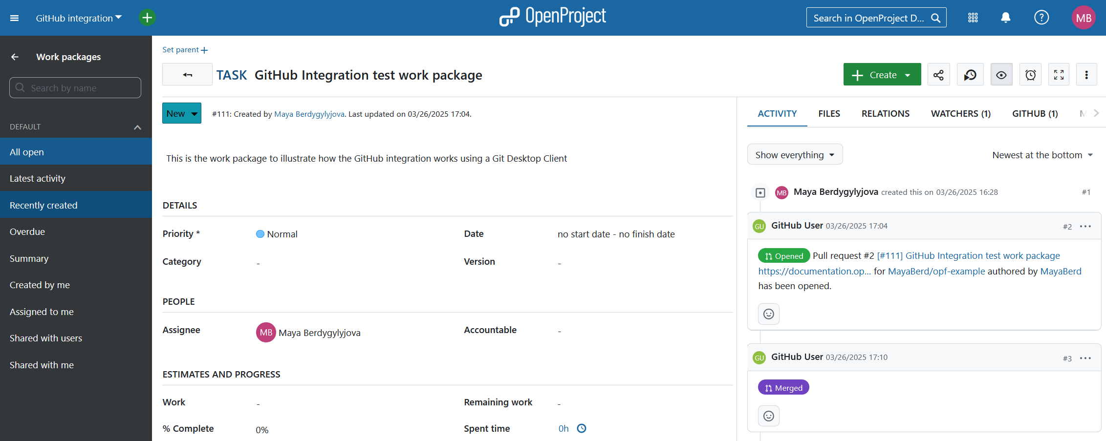PR changes displayed under OpenProject work package Activity tab