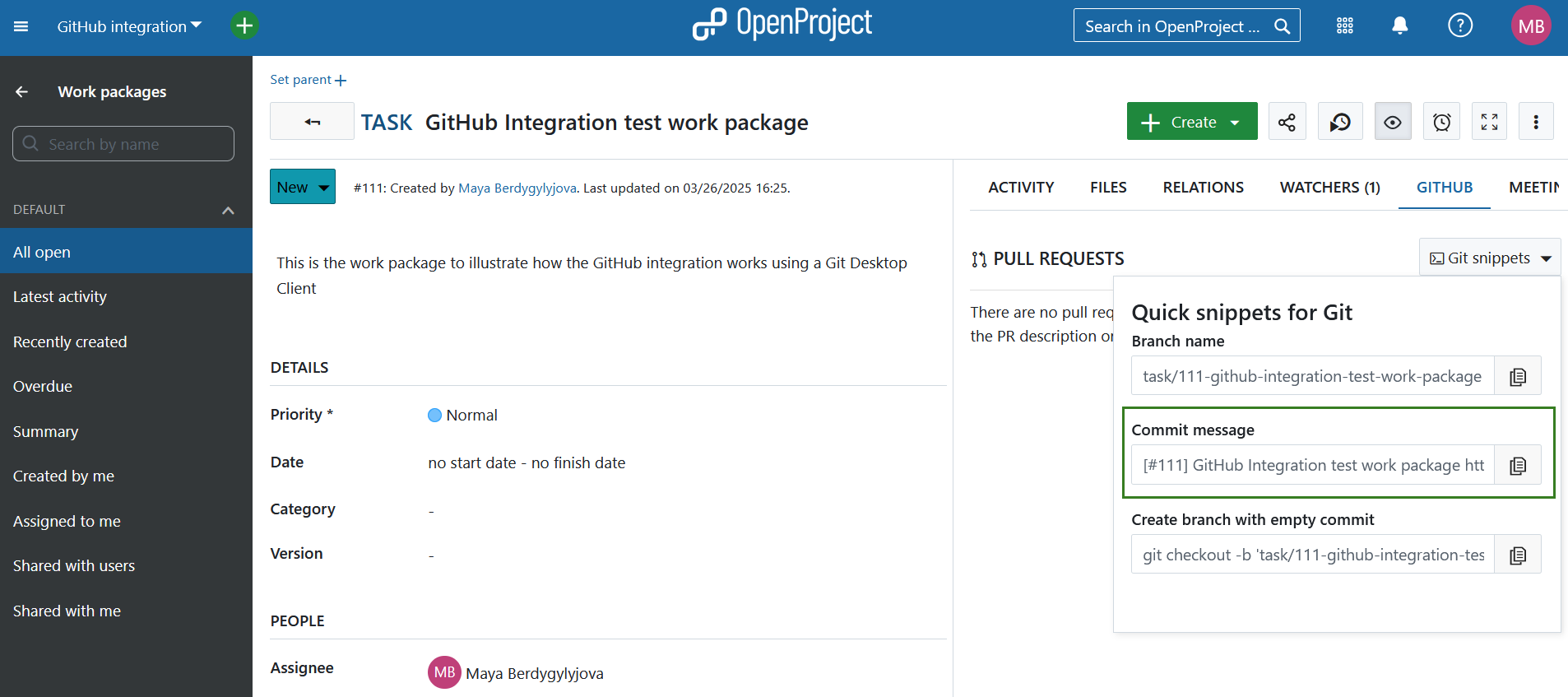 Commit message in the Git snippets dropdown menu under Github dropdown menu in OpenProject work package