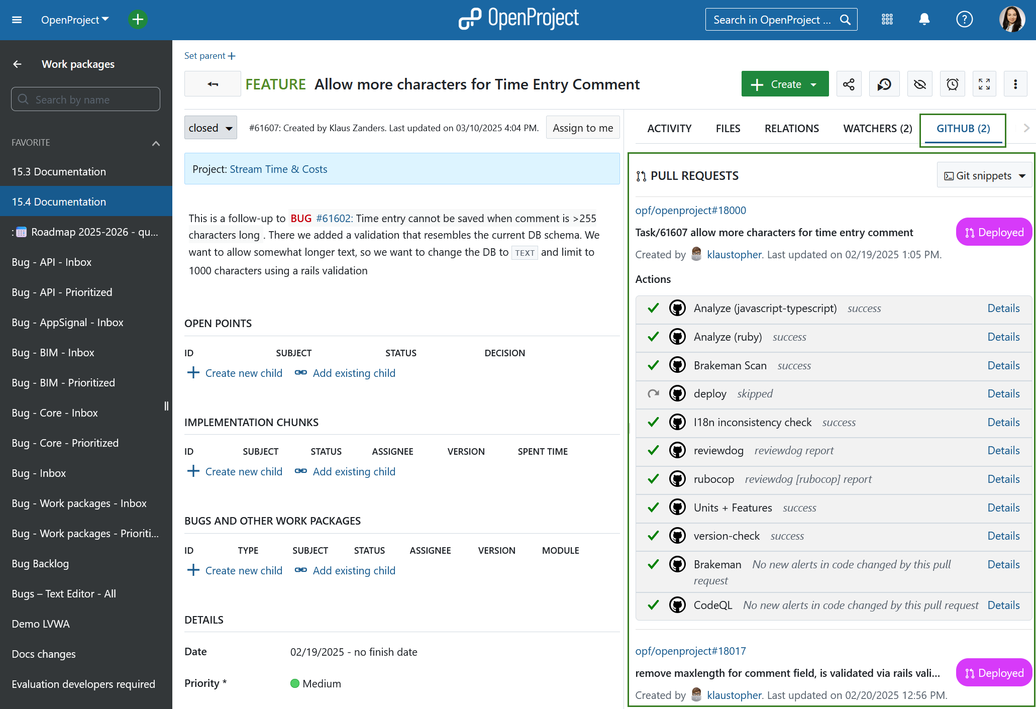 GitHub tab in an OpenProject work package