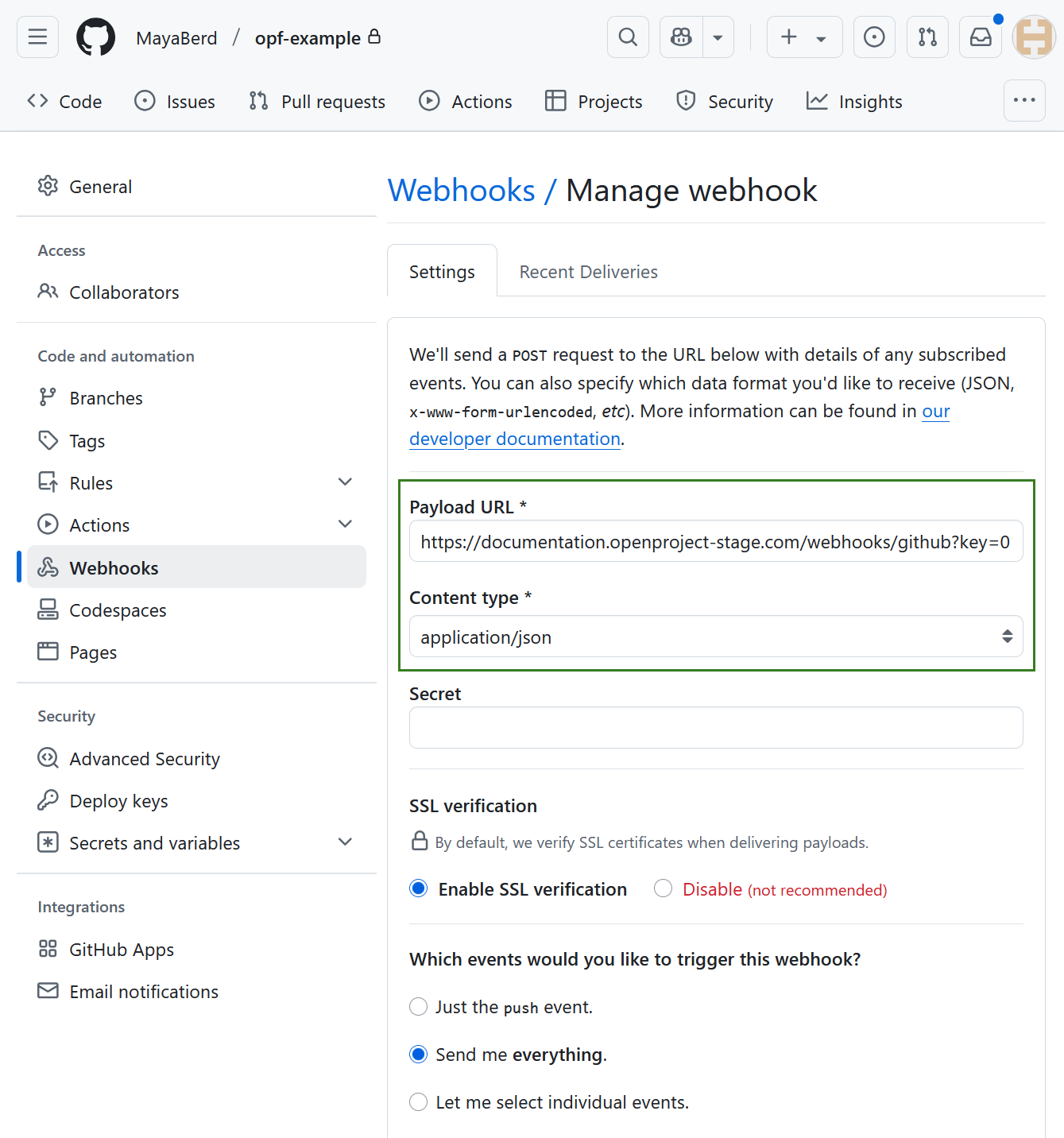 Create the webhook in GitHub