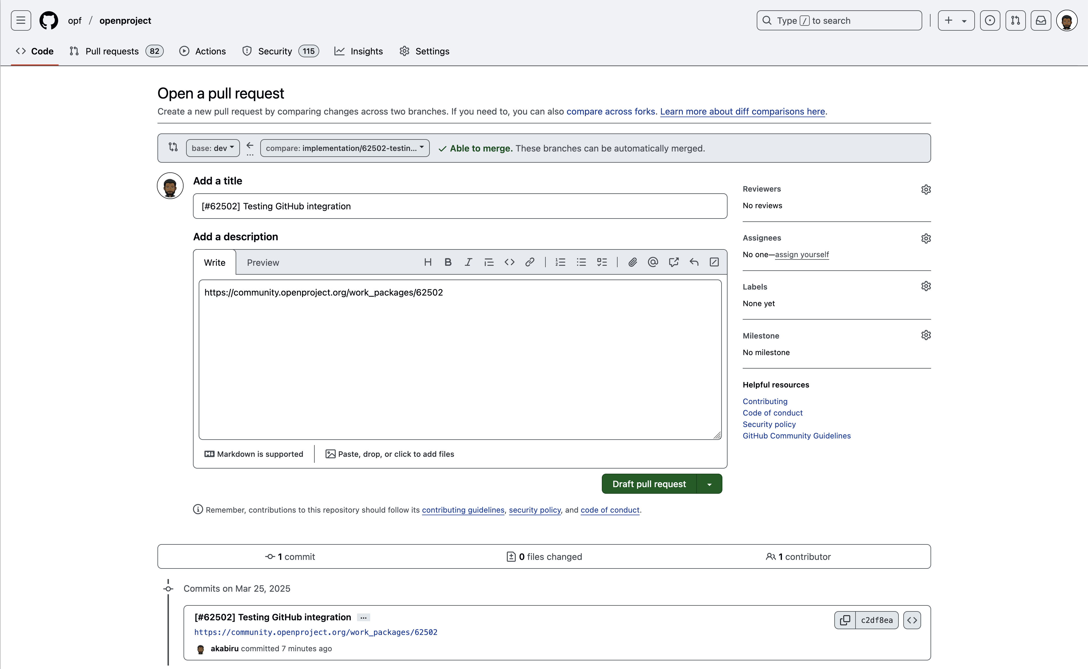 New GitHub pull request created by git snippet entered into CLI