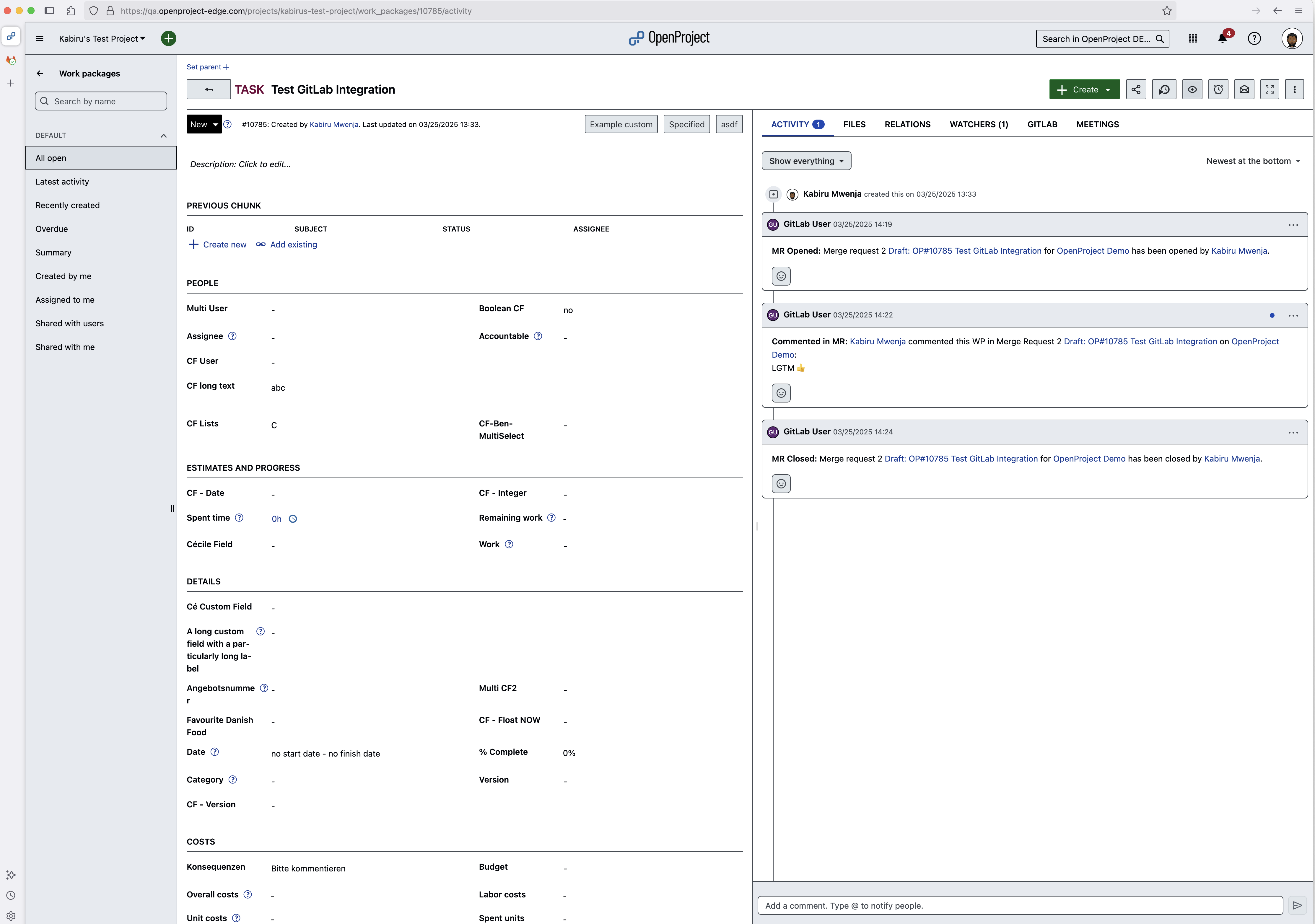 Work package in OpenProject showing GitLab tab and related merge request updates