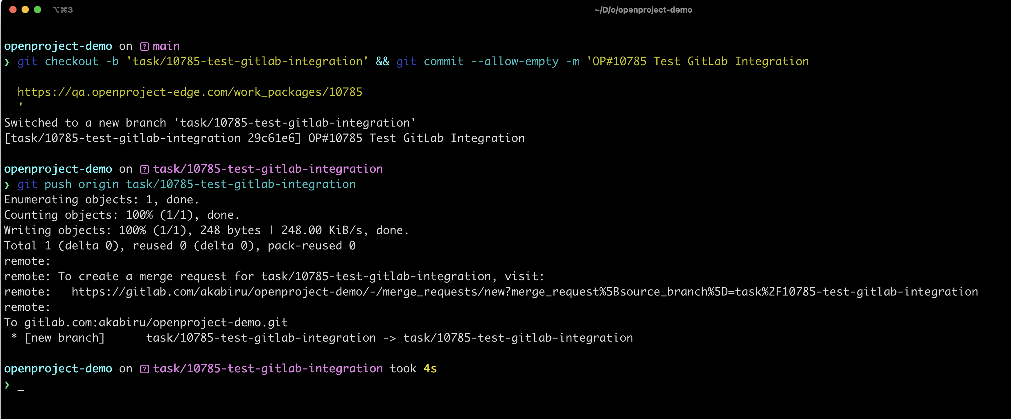Git snippet to create a new branch with empty commit in GitLab entered into command line interface