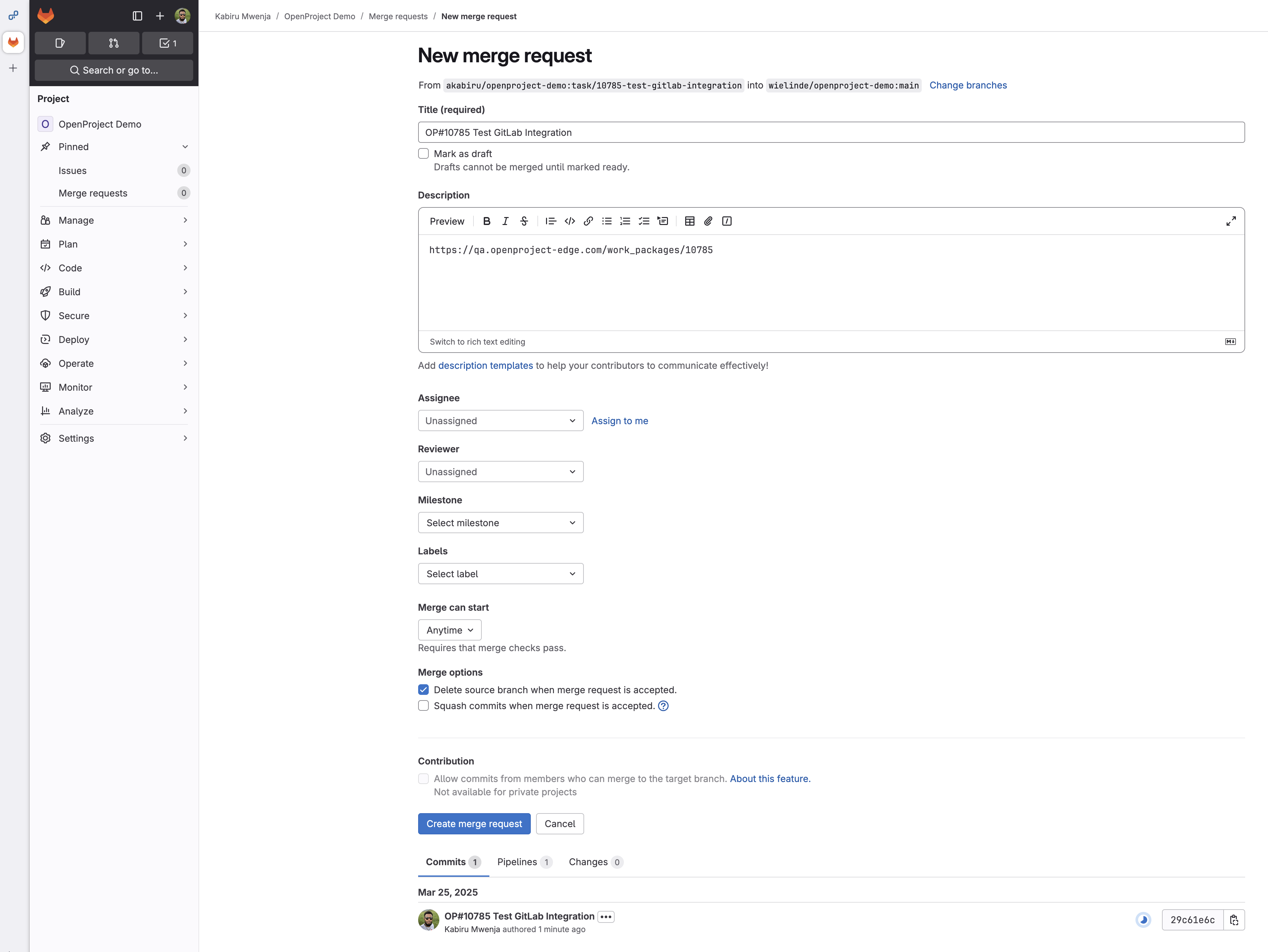 New GitLab merge request created by git snippet entered into CLI