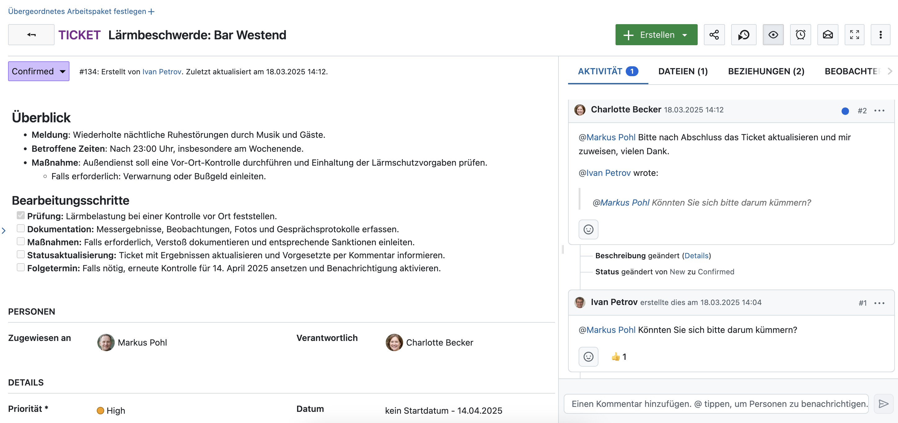 Ein Arbeitspaket in OpenProject, Typ Ticket, mit dem Namen „Lärmbeschwerde: Bar Westend“, mit Diskussionen im Reiter „Aktivität“, hoher Priorität und einem festgelegten Enddatum.