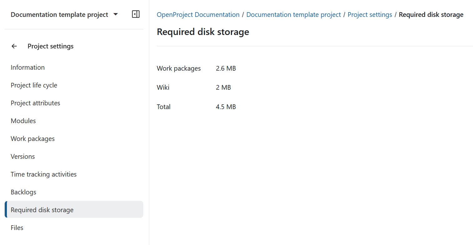 Required disk storage in OpenProject settings