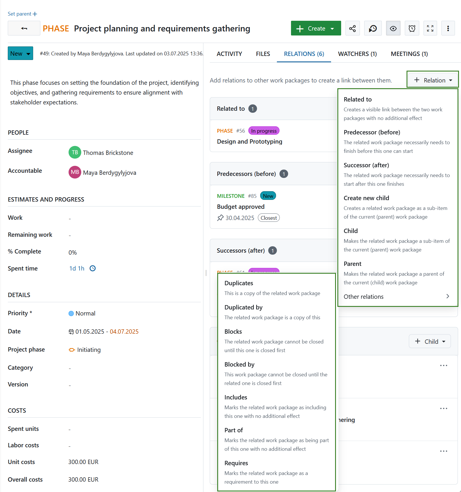 OpenProject work package Relations tab when clicking on +Relation, showing some relations unfolded under ‘Other relations’