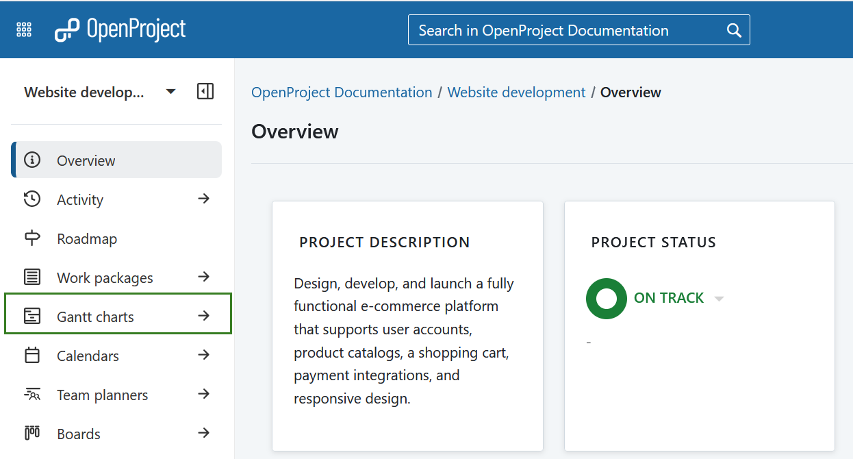 Select the Gantt charts module in OpenProject