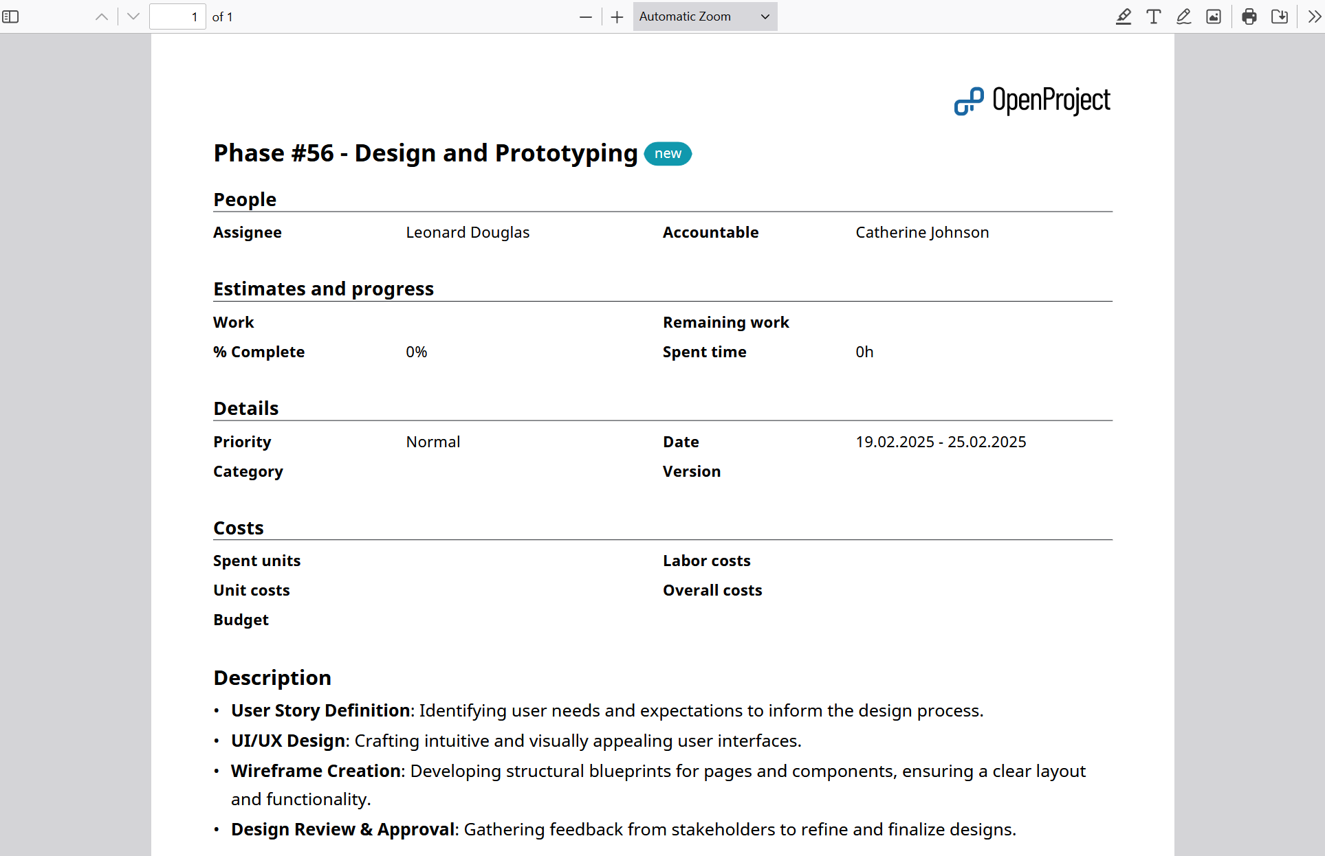 Example of a single work package PDF export in OpenProject