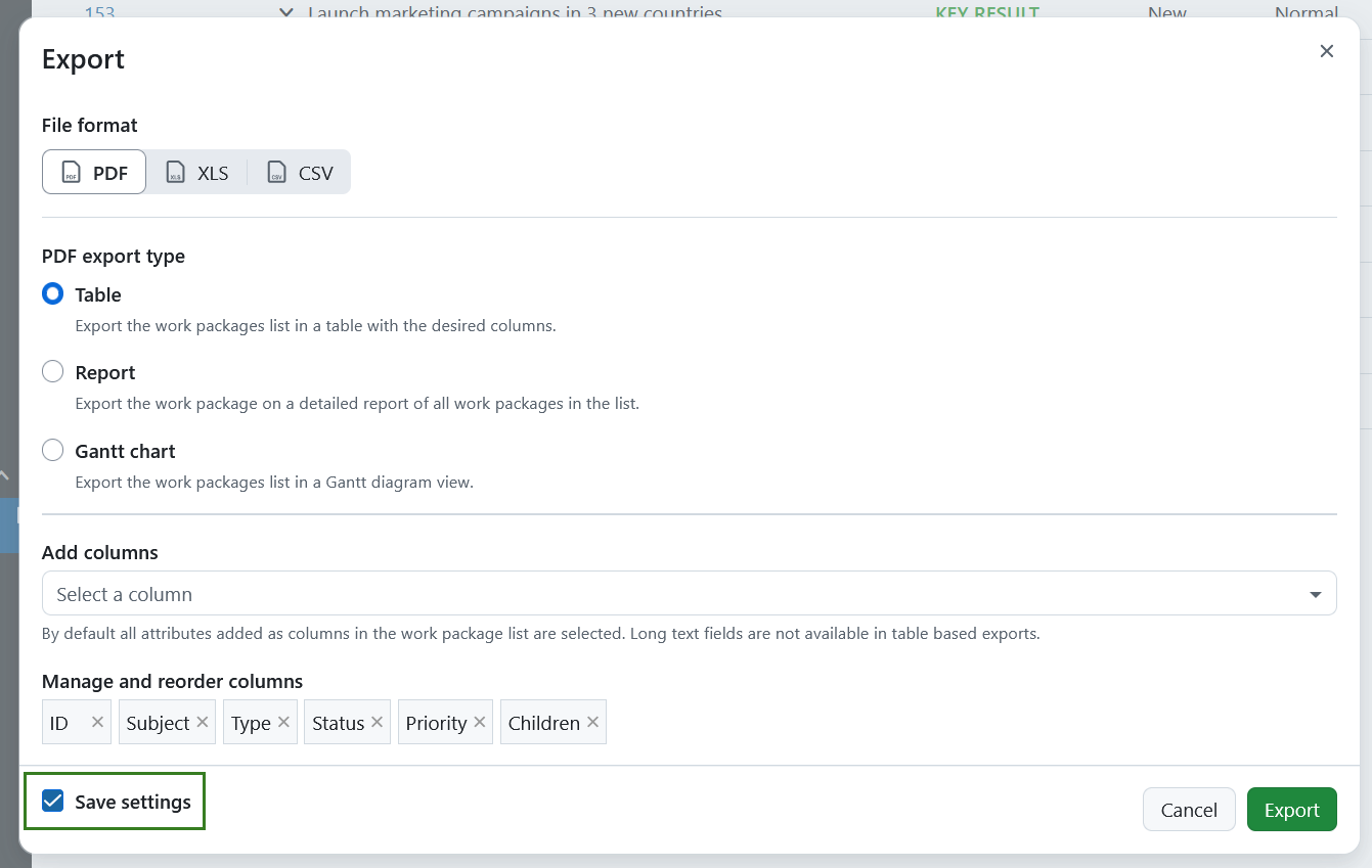 Checkbox to save export settings in work packages export modal in OpenProject