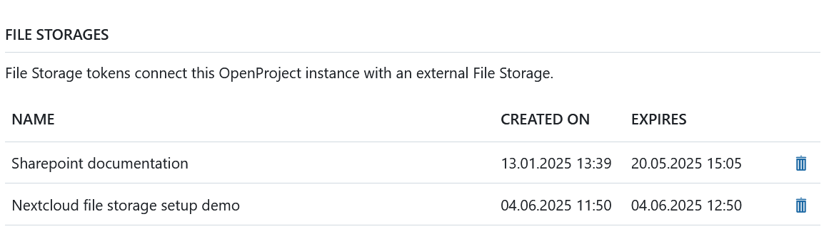 File storages access tokens under Account settings in OpenProject
