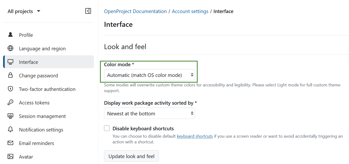 Automatic color mode in OpenProject account settings