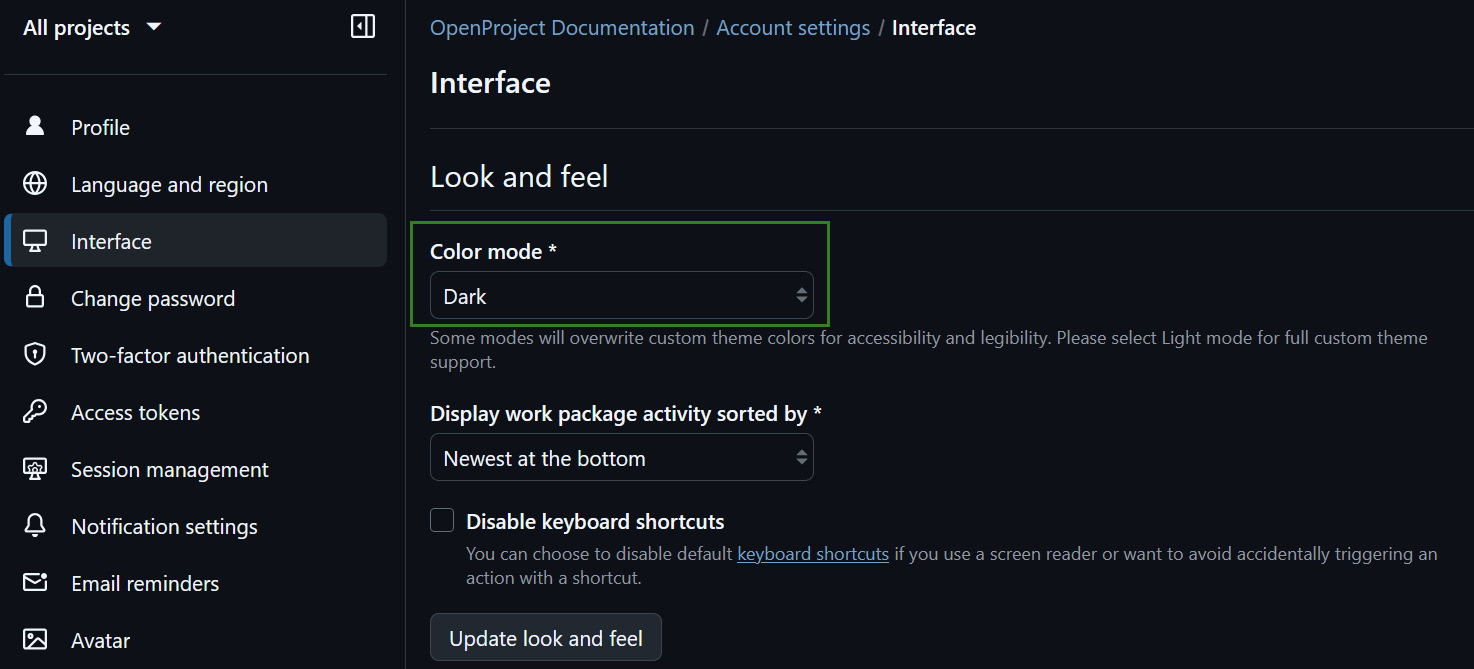 Dark mode in OpenProject account settings