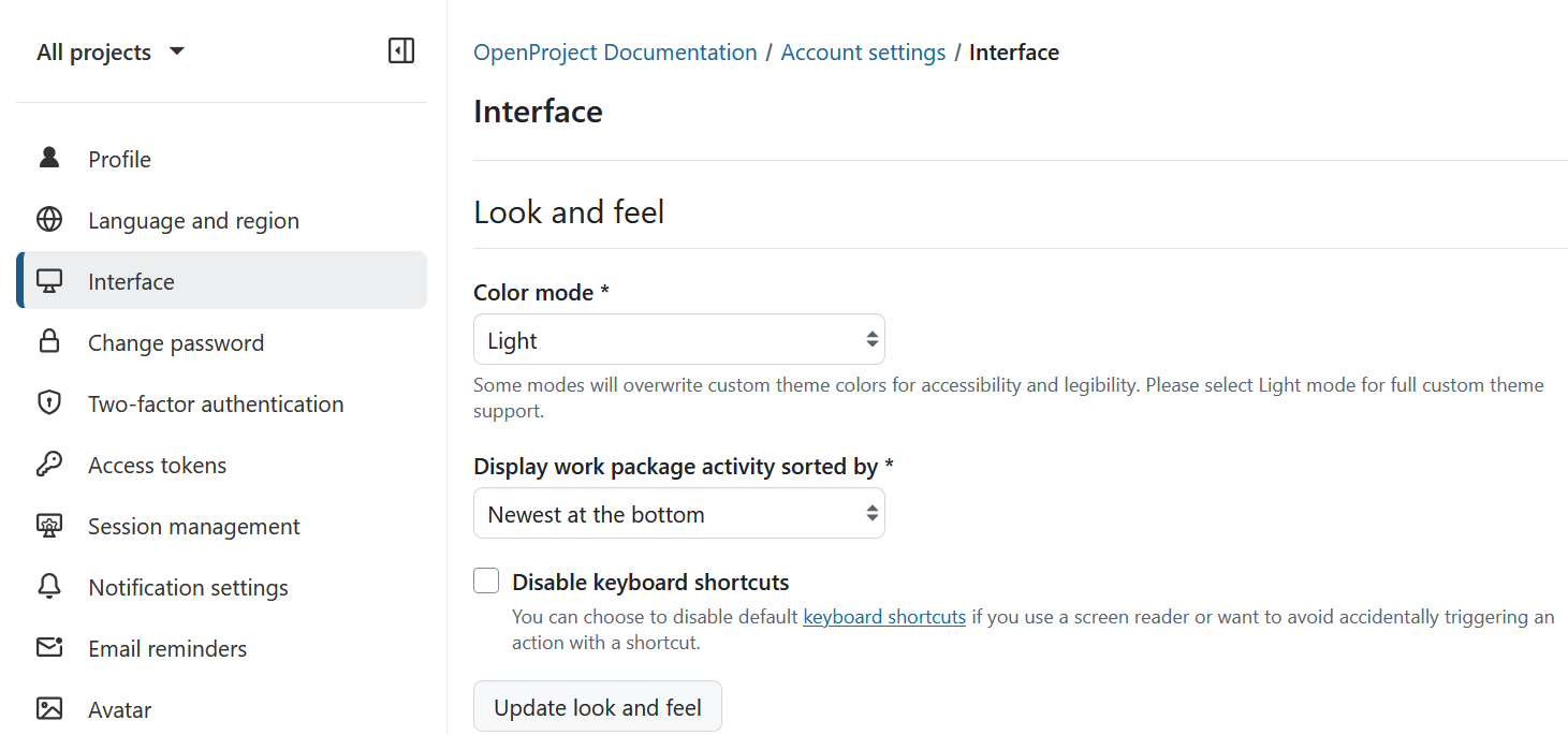 “Look and feel” section under Interface settings in OpenProject account settings