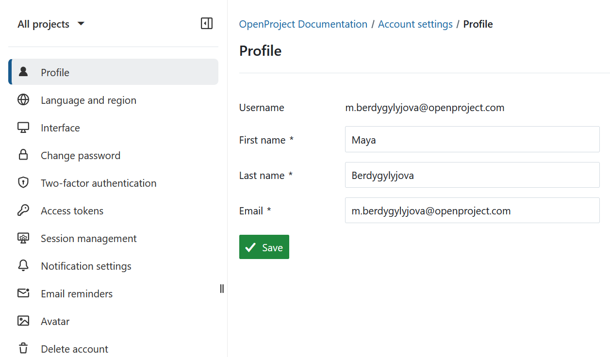 Profile settings in OpenProject