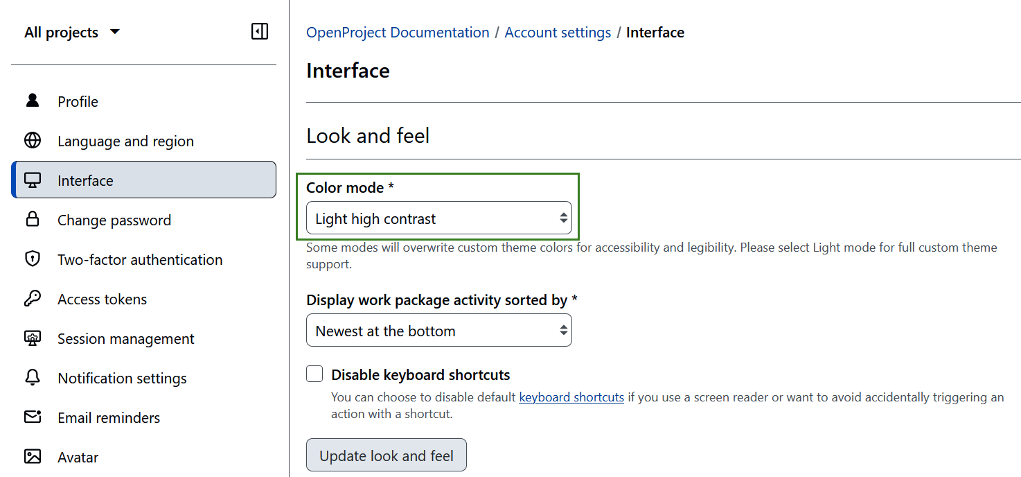 High contrast mode in OpenProject account settings