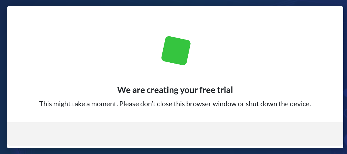 Screen showing a free trial instance for OpenProject cloud edition being created