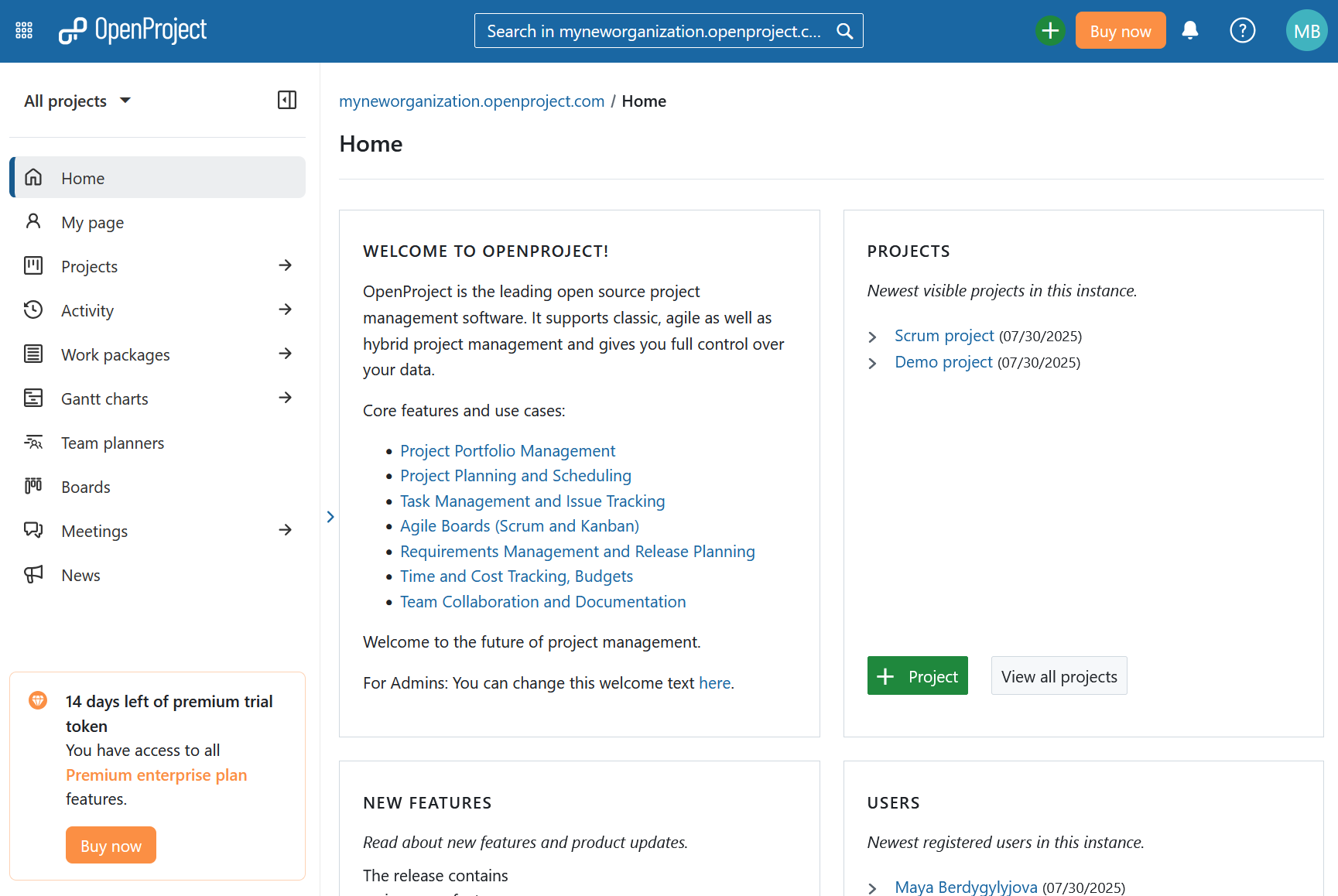 Homepage of the newly created OpenProject Enterprise cloud trial instance