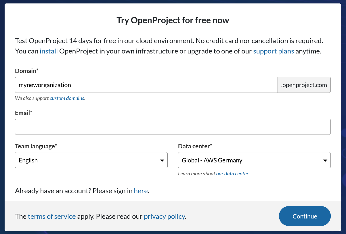 Start page to create a free Enterprise cloud trial instance with OpenProject