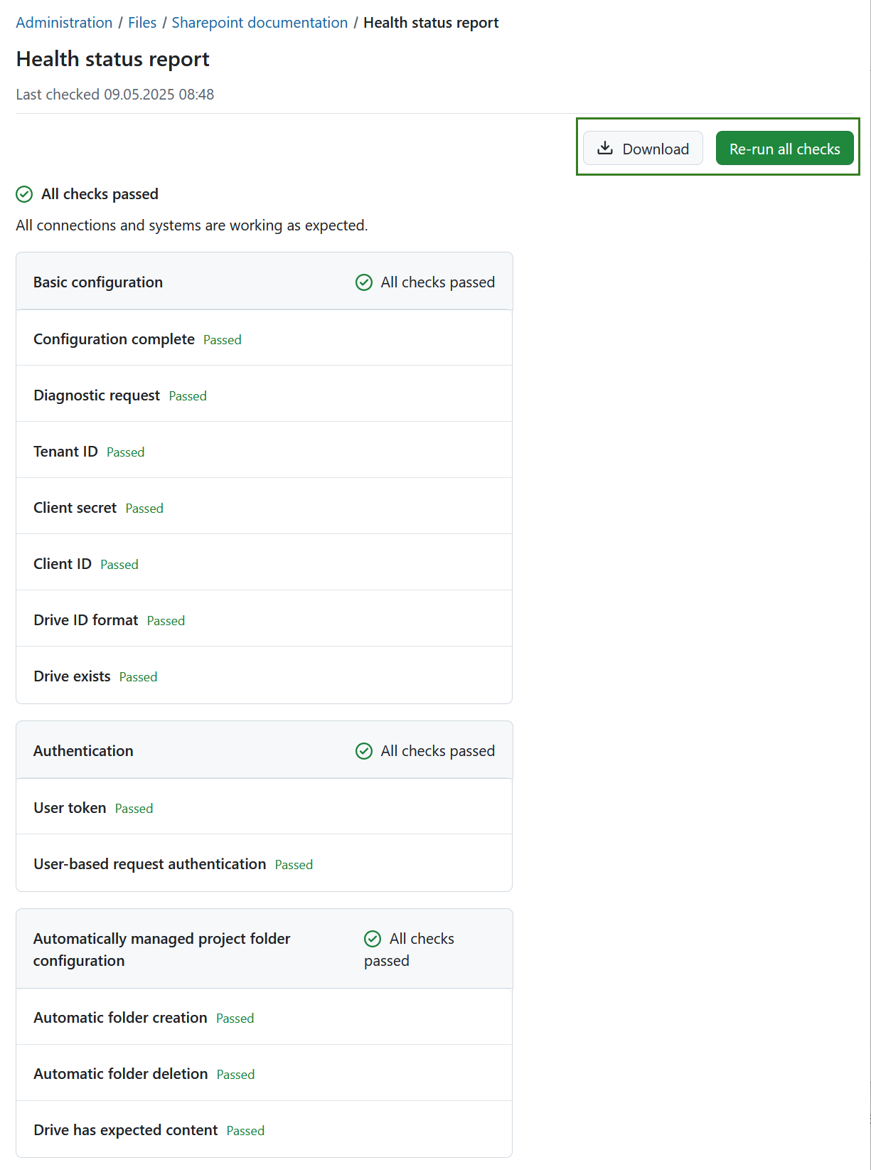 Health status report for a file storage in OpenProject administration