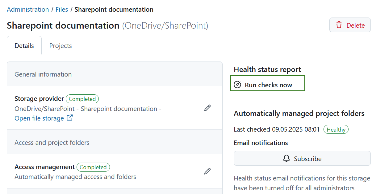 Check connection for a file storage in OpenProject administration