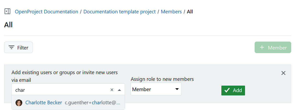 Search bar for user selection to invite project members in OpenProject