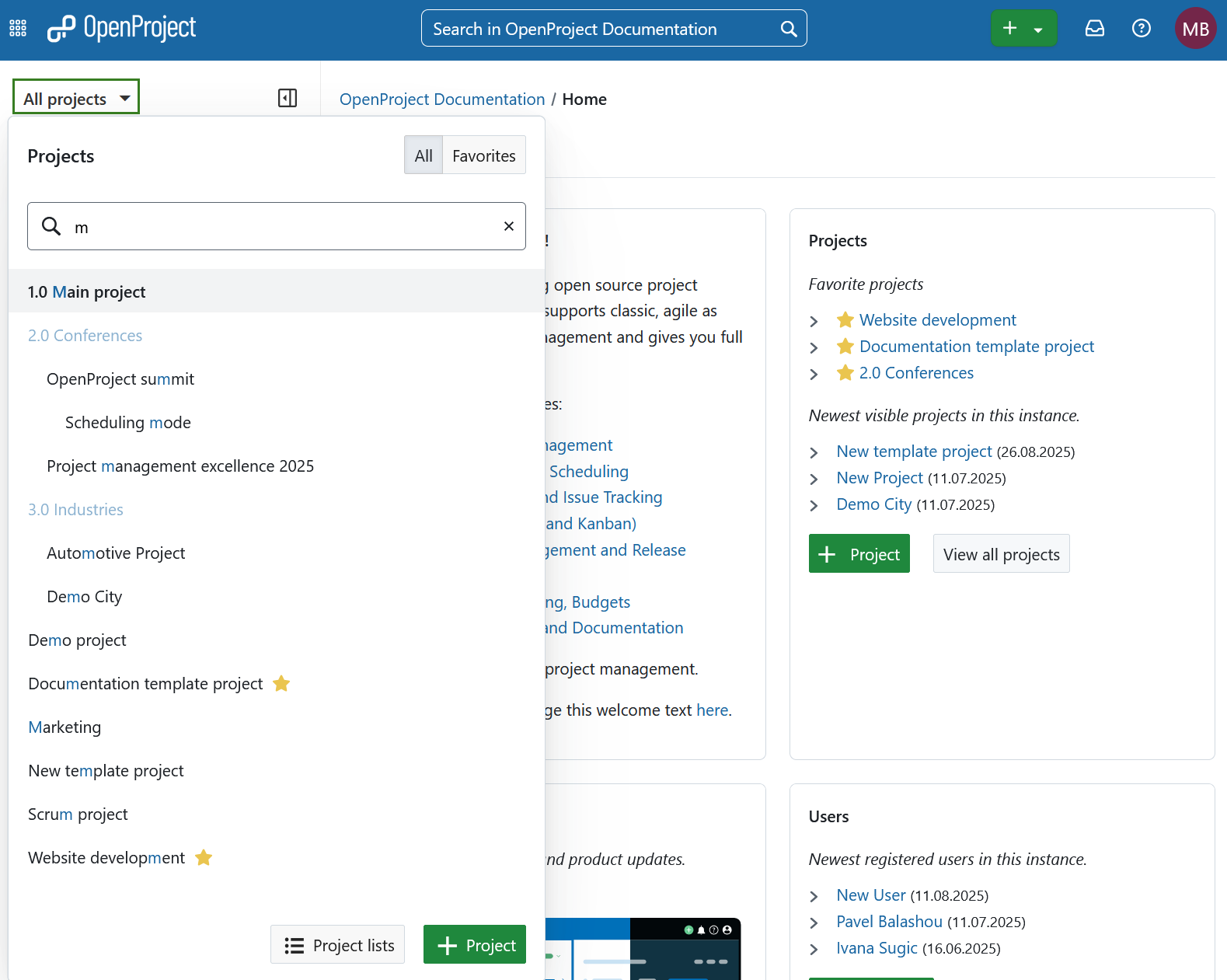 Project selection dropdown menu called “all projects” in the header navigation of OpenProject, opened and showing a list of existing projects