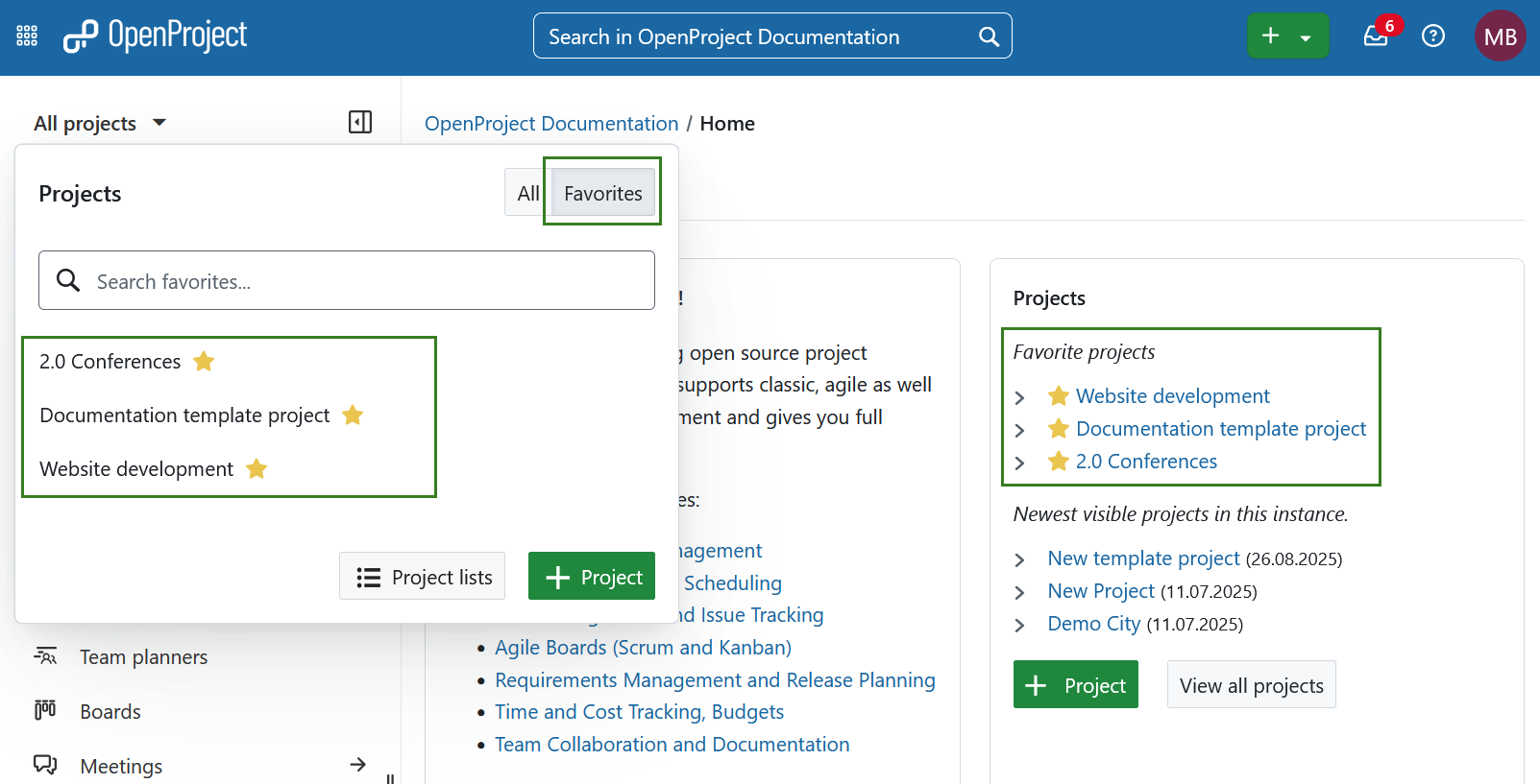 Favorite projects displayed on OpenProject overview page