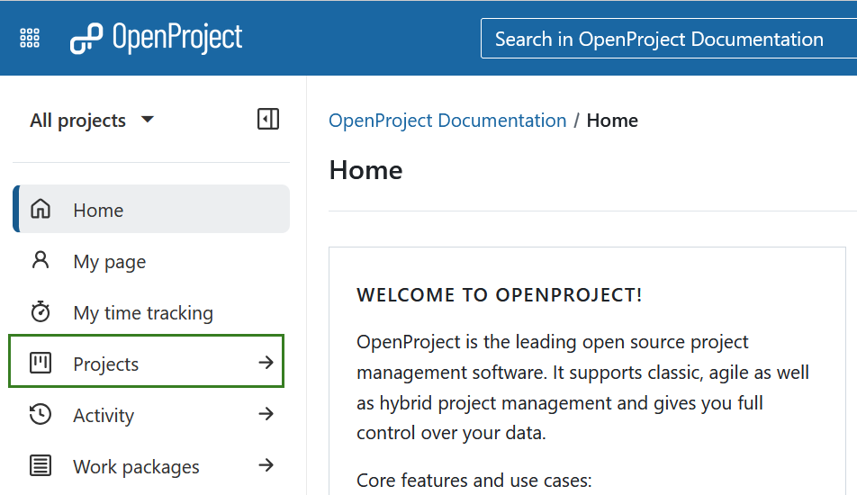 Projects global module selected from the left-side menu on OpenProject overview page